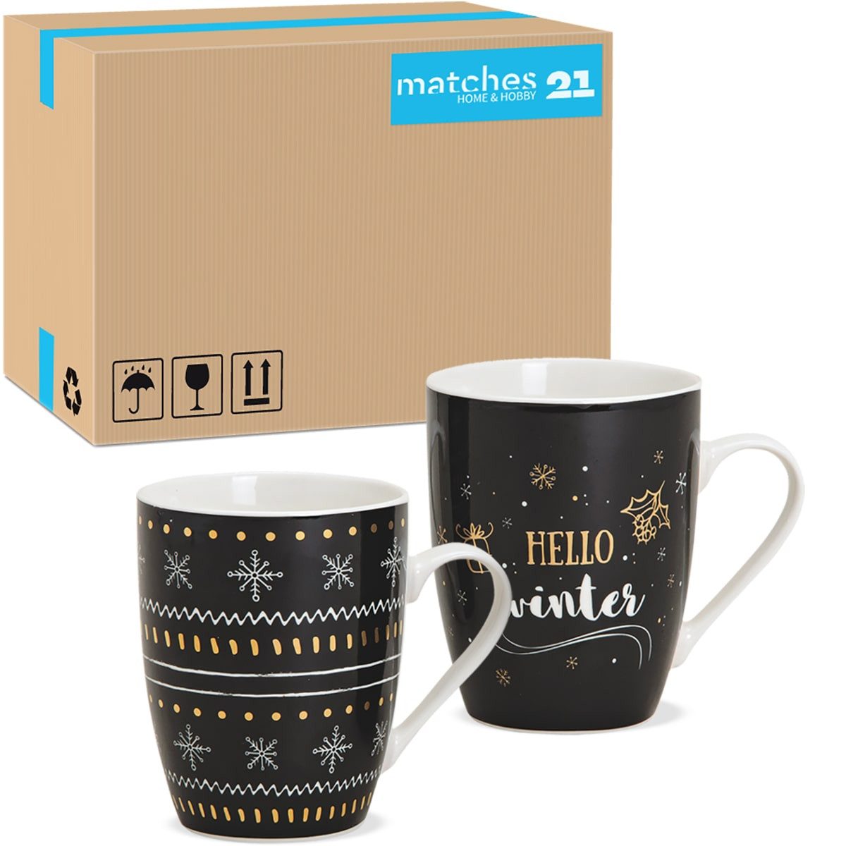matches21 HOME & HOBBY Tasse Weihnachtstassen 48er Set Weihnachtsdeko mit Spruch Hello Winter, 48-tlg., Porzellan, Tee Kaffee-Becher Weihnachten modern schwarz goldfarben340 ml
