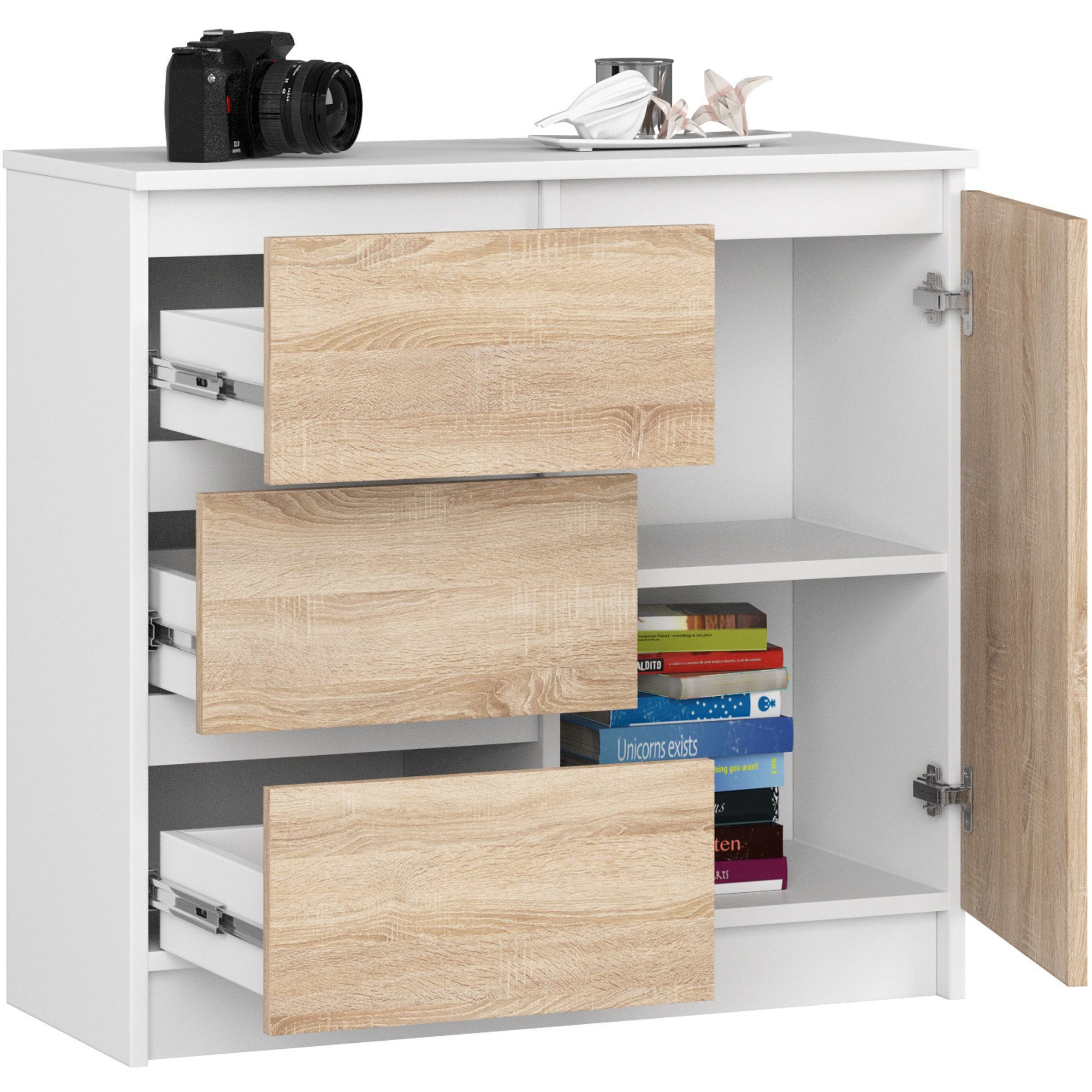 Kommode mit 3 Schubladen, 1 Schranktür, 80 cm breit Holz Schrank