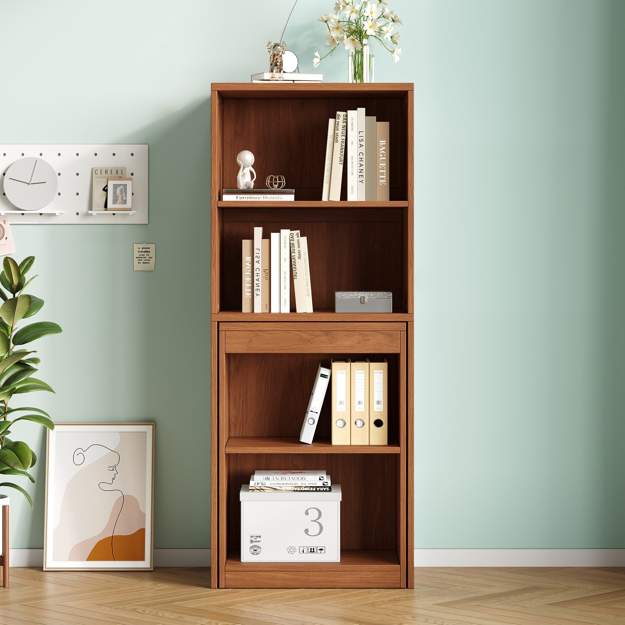 Flieks Regal-Schreibtisch L-Form multifunktionaler Klapptisch mit Rollen&Bücherregal 2-in-1 (Tischplatte: 90x51 cm, Standregal: 55x40x137 cm, Gesamtlänge 130 cm – Bild 2 von 5