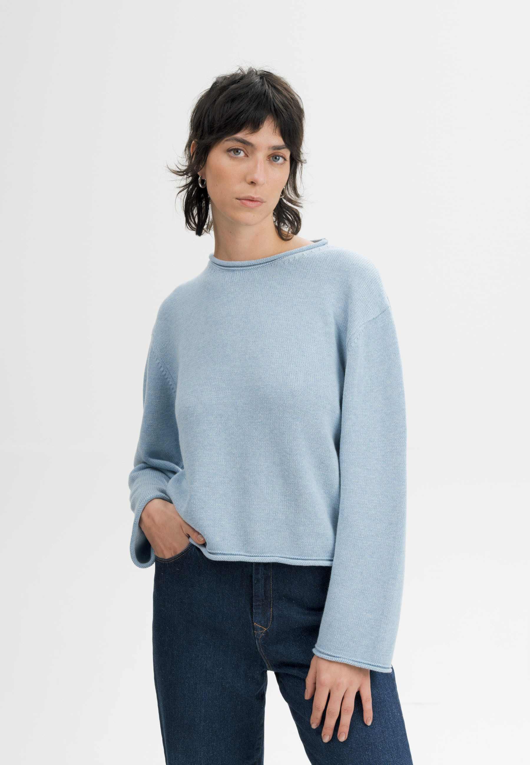 MELA Strickpullover Rollsaum Strickpullover Style GEETHA Gerollter Kragen, Saum und gerollte Bündchen