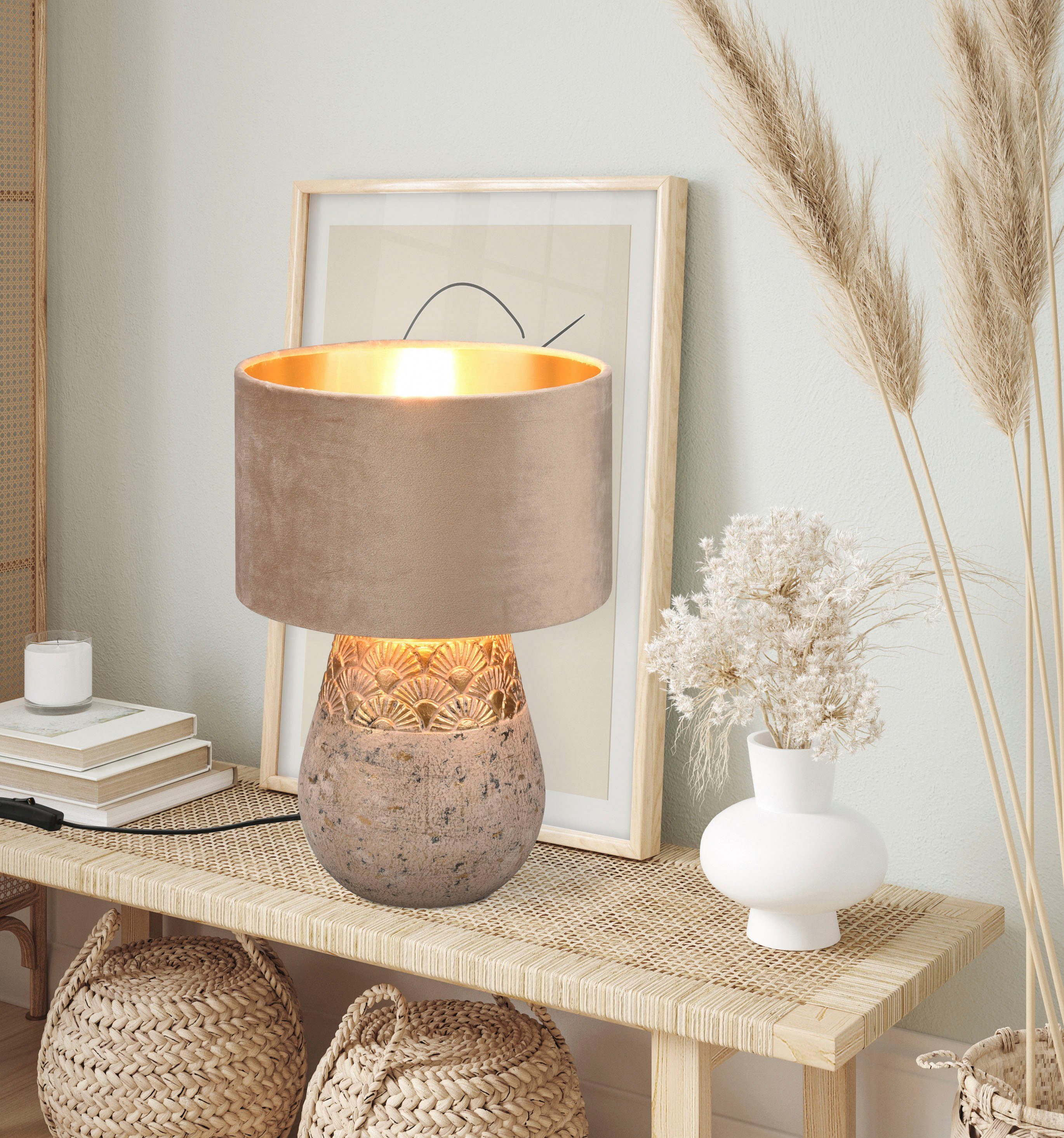 Reality Leuchten Schreibtischlampe Kiran, Ein-/Ausschalter, ohne Leuchtmittel, warmweiß - kaltweiß, Keramik Tischleuchte mit Samtschirm Schnurschalter exkl 1xE27 max 60W