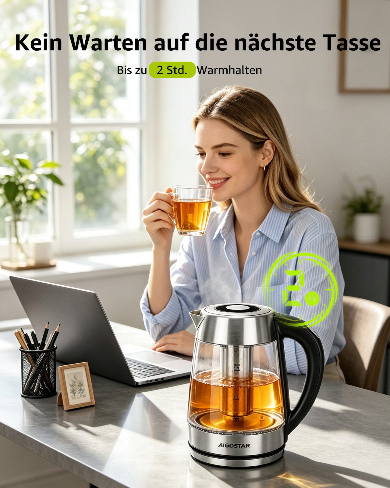 Aigostar Wasserkocher 5 präzise Temperatureinstellungen, Keramikbeschichtung, Kalkfrei, 1.7 l, 2200 W, Keramikbeschichtung, Schnelles Kochen, Warmhaltefunktion, – Bild 4 von 5
