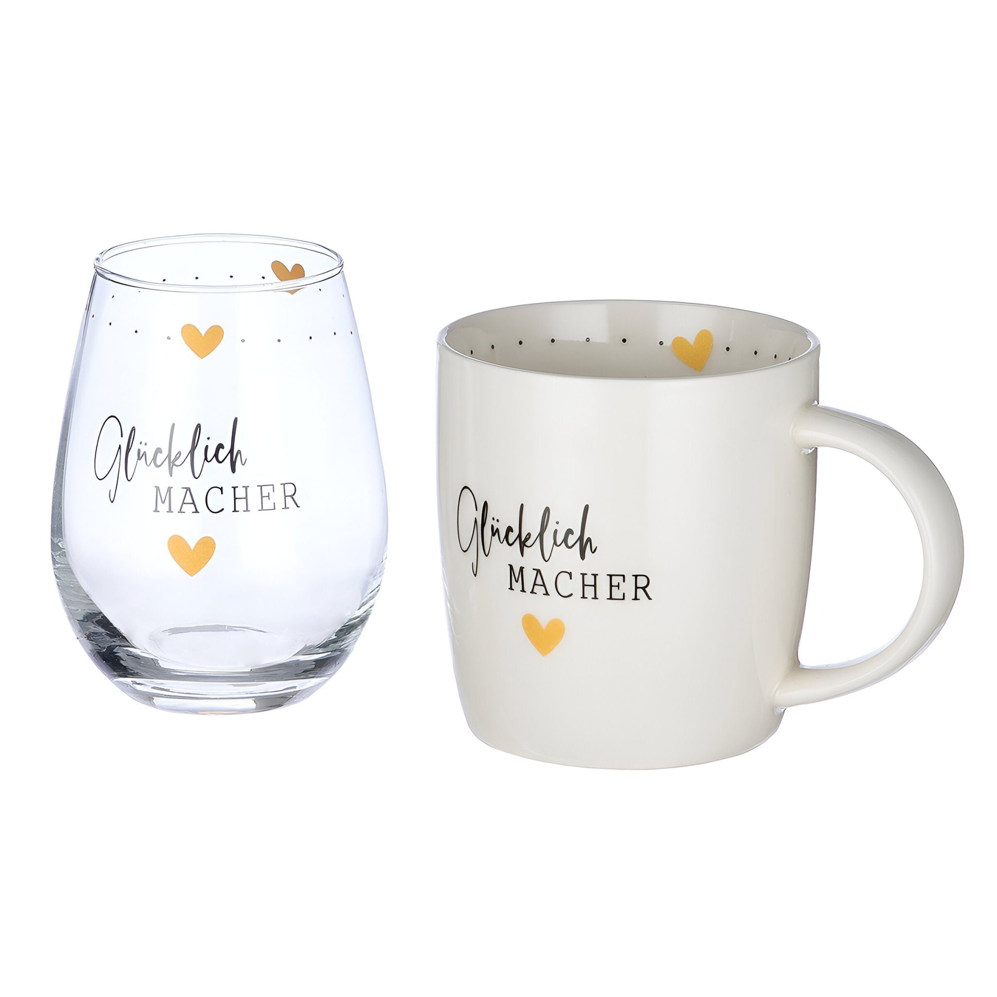 GILDE Geschirr-Set Porzellan/Glas 2er Set Glücklich Macher (2-tlg), Porzellan & Glas, Charmante Geschenkidee - spülmaschinengeeignet