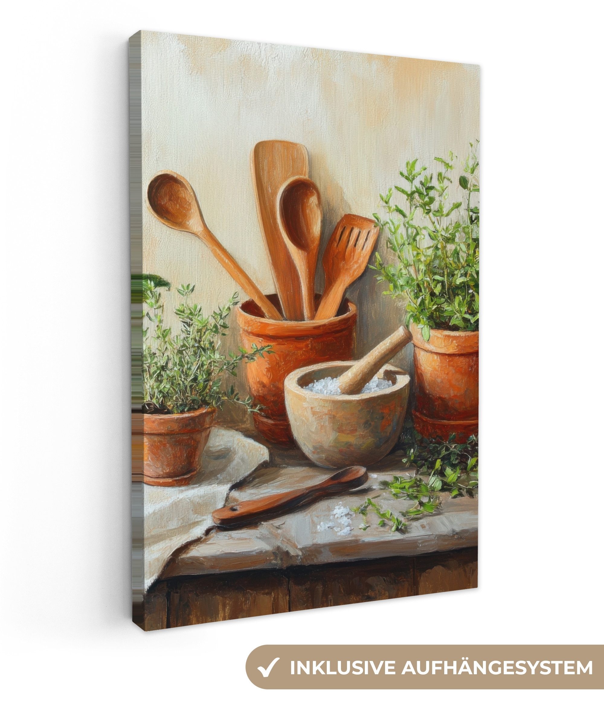 OneMillionCanvasses® Leinwandbild Töpfe - Kräuter - Holz, Fotodruck (1 St), günstig online kaufen