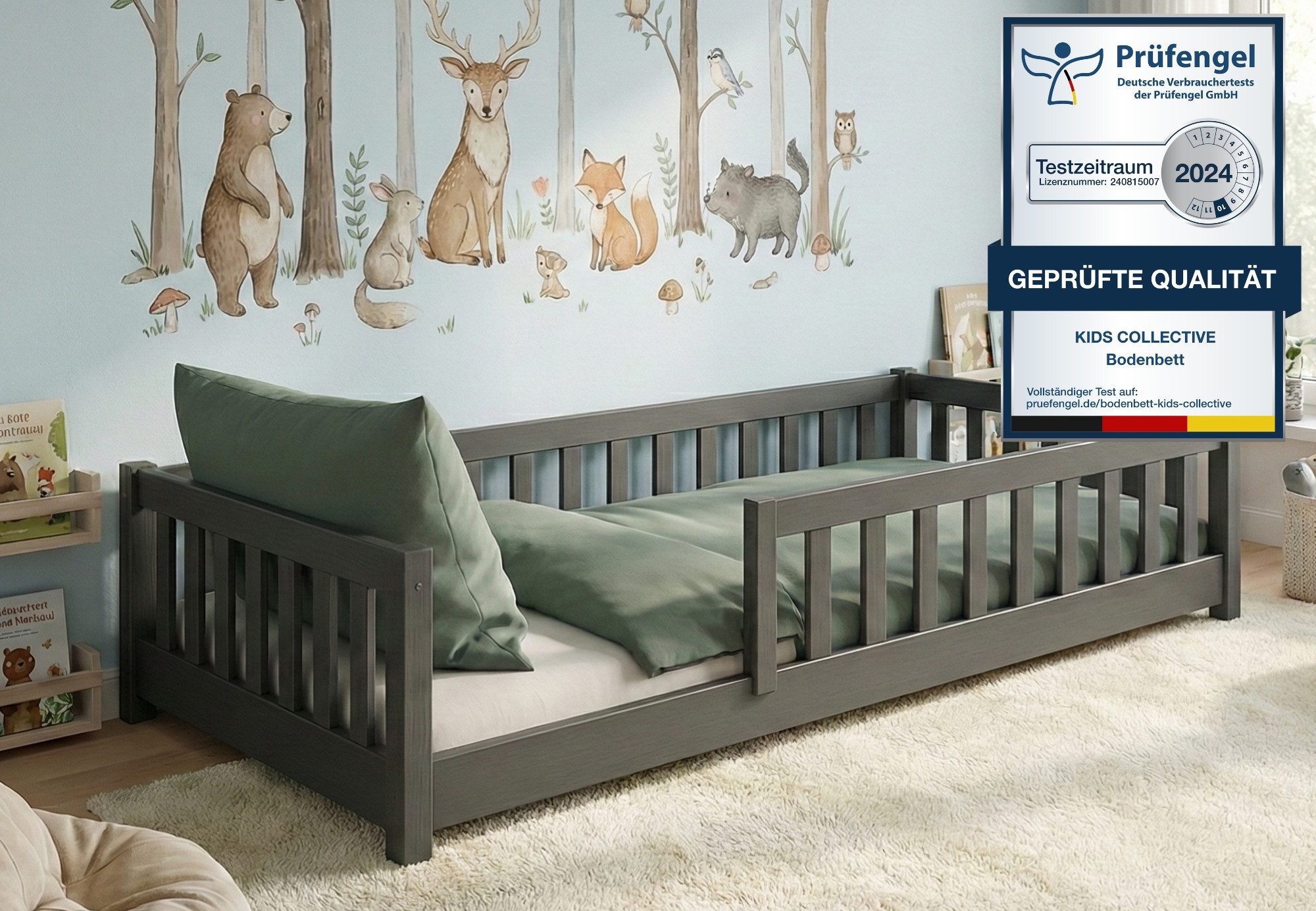 Kids Collective Kinderbett Bodenbett Bett mit Rausfallschutz & Lattenrost Montessori Bett Kinder (Jungen, Mädchen, Kinder, weitere Größen 80x160, 80x180, 90x190, 120x200, 140x200 cm), Jugendbett Gitterbett Einzelbett, Graphit Kiefer 90x200 cm