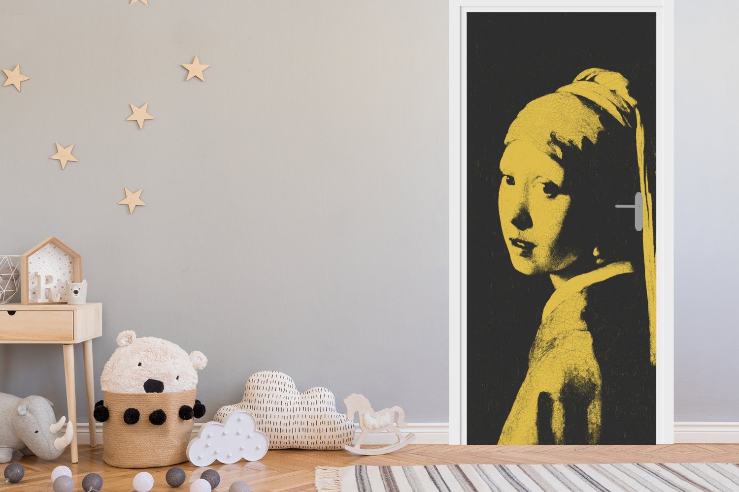 MuchoWow Türtapete Mädchen mit Türaufkleber, - 75x205 Matt, St), Gelb, bedruckt, für Fototapete - (1 Tür, Vermeer cm Schwarz Perlenohrring 