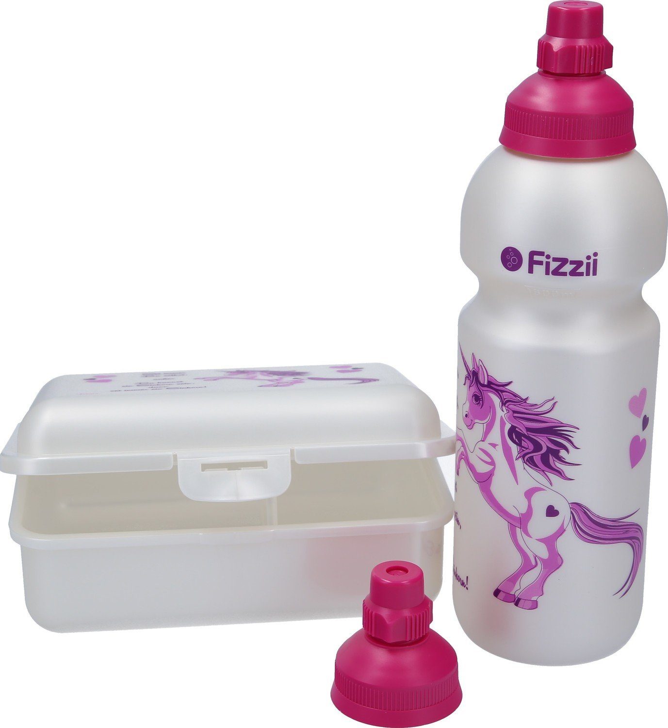Fizzii Lunchbox Fizzii Trinkflasche 600ml und Brotdose Weltraum 3-er Set, mit Trennfach & extra Trinkverschluss Einhorn