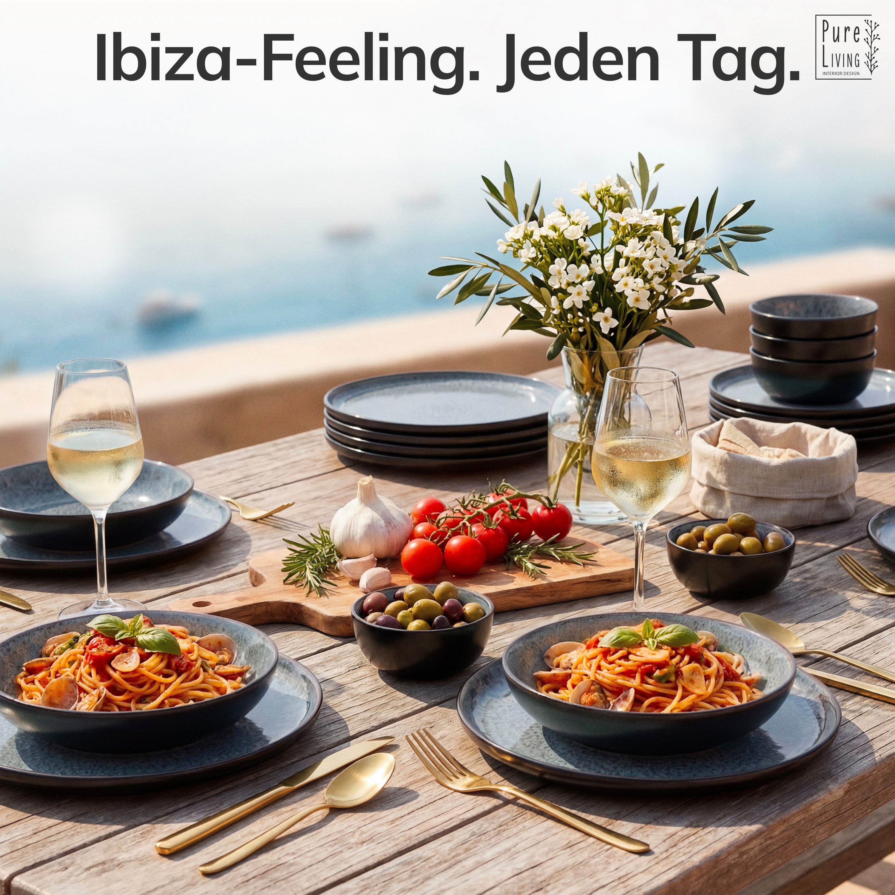 PURE LIVING INTERIOR DESIGN Geschirr-Set Pure Living »Ibiza« (36-tlg), 12 Personen, Steingut, Grau, 12 Personen, Steingut, Mediterrane Handwerksoptik, Reaktive Glasur – jedes Stück einzigartig…