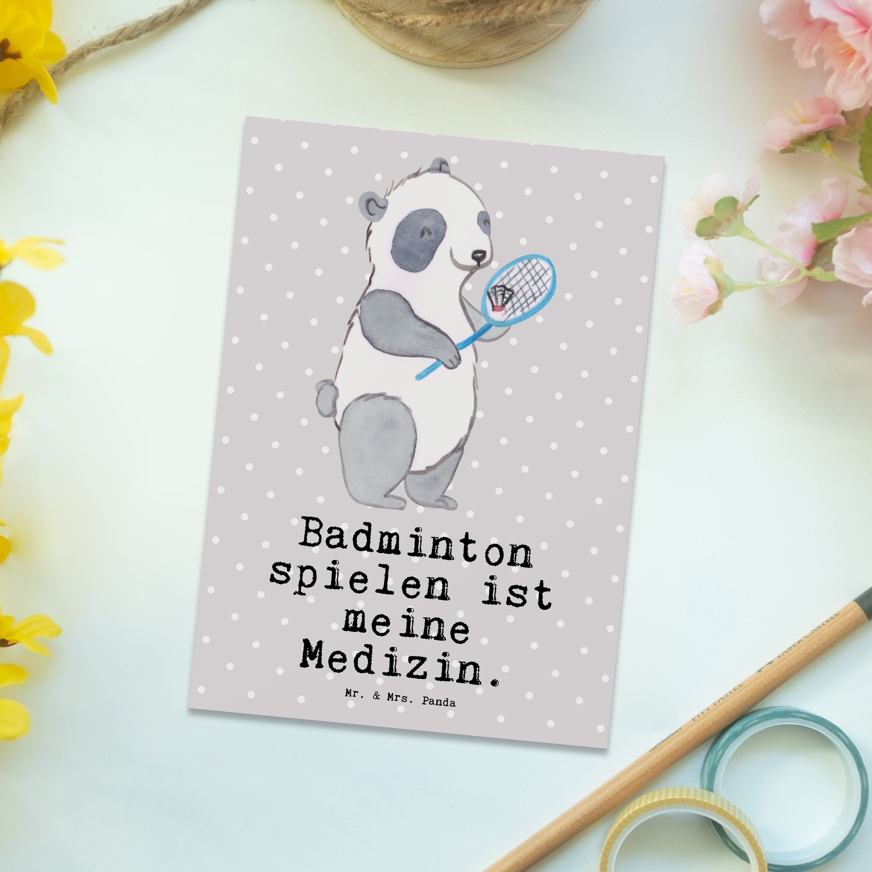 Geschenk, Postkarte Panda Grau spielen Pastell Medizin Mr. Badminton Panda Mrs. & Badminton - -