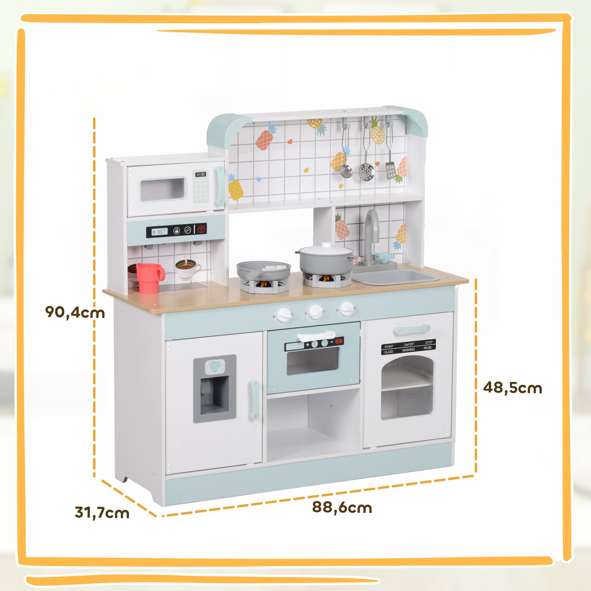 AIYAPLAY Spielküche Kinderküche mit Lichtern, Geräuschen, Küchenzubehör MDF, Edelstahl, für 3+ Jahre Kinder, Weiß