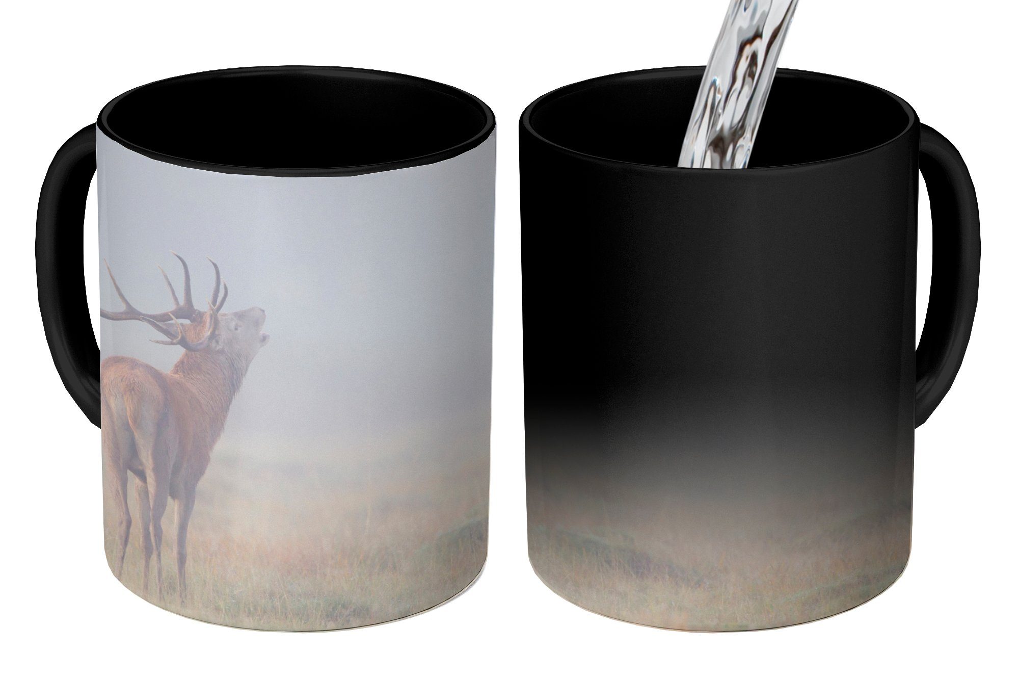 MuchoWow Tasse Hirsche - Gras - Nebel, Keramik, Farbwechsel, Kaffeetassen, Teetasse, Zaubertasse, Geschenk