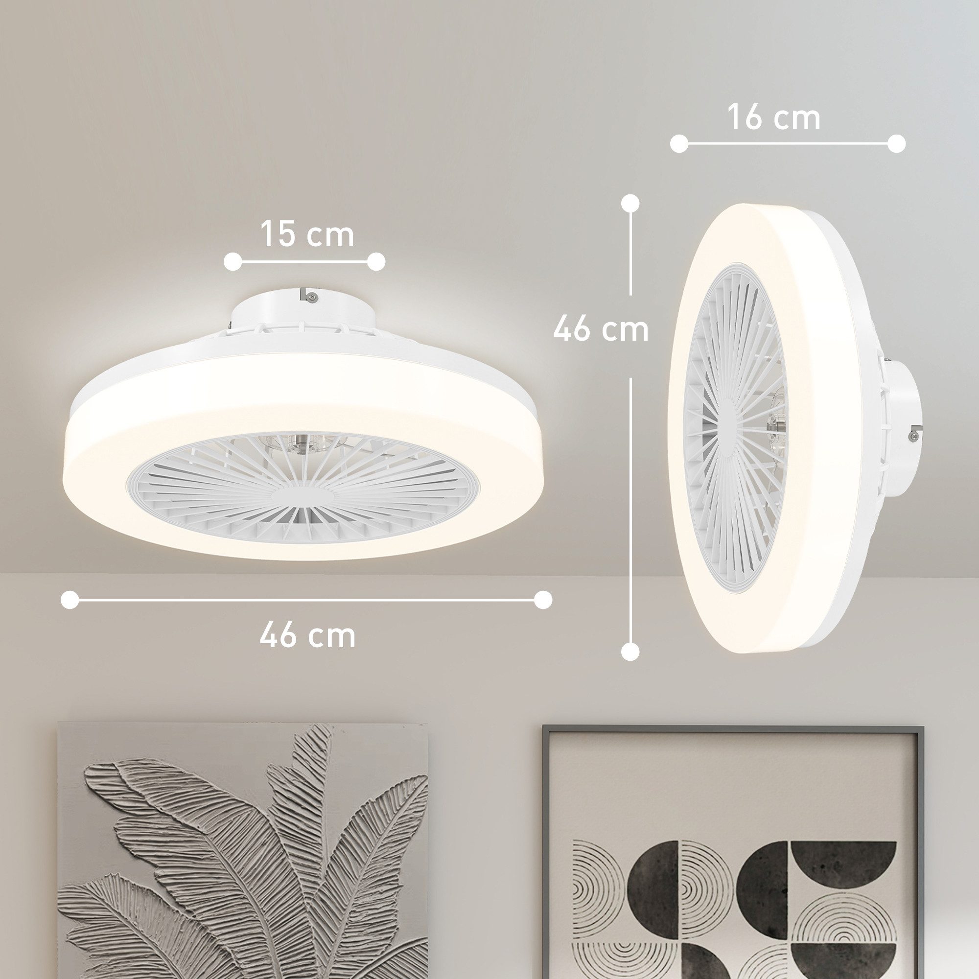 HOMCOM Deckenventilator LED Deckenleuchte mit Ventilator, 6 Geschwindigkeiten, Timer, 36 cm Durchmesser, für Schlafzimmer, Wohnzimmer, Weiß – Bild 3 von 5