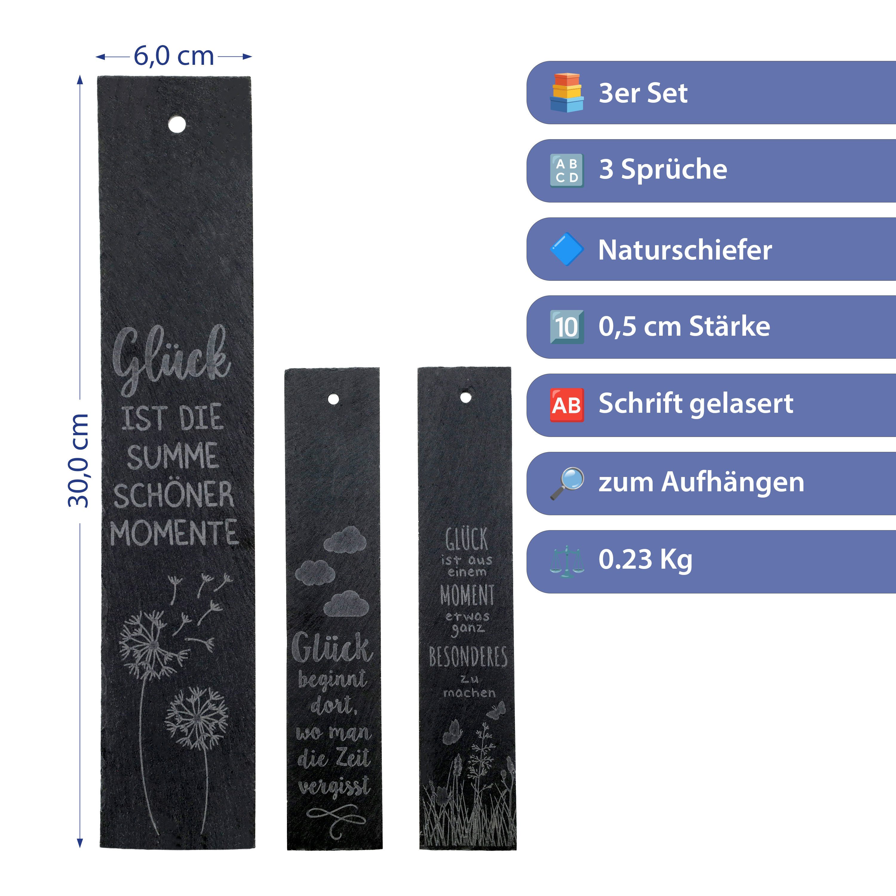 CEPEWA Hängedekoration Schiefertafel 'Glück' 3er Set 6x30x0,5cm Schiefer gelasert 3 Motive