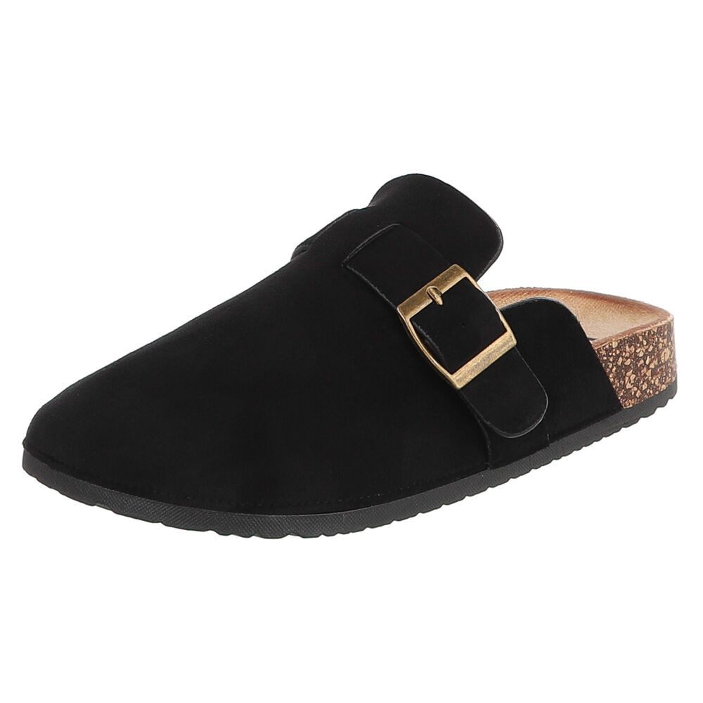 Ital-Design Damen Clog mit Schnalle in Veloursleder-Optik Pantolette (91895624) Flach Pantoletten in Schwarz