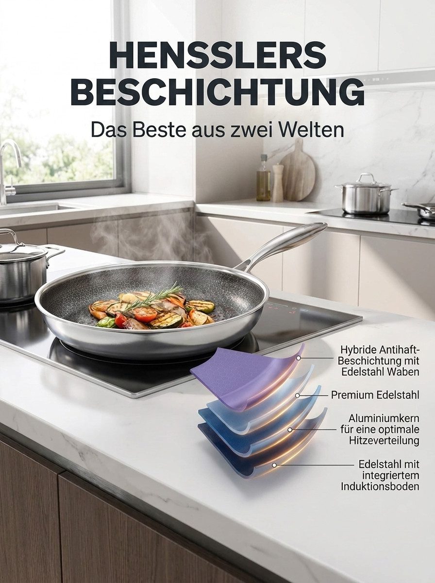HENSSLERS Wok, Edelstahl (1-tlg), 3-Schicht Materia, Wabenstruktur und Antihaftbeschichtung, Induktion