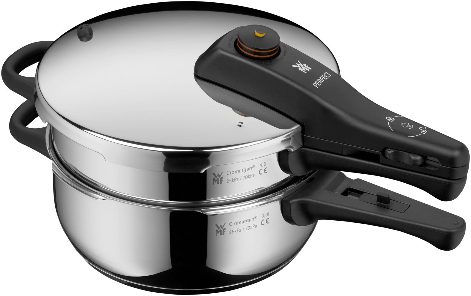 WMF Schnellkochtopf Perfect One Pot Schnellkochtopf-Set, 22 cm, 3&4,5 L, mit Dämpfeinsatz, Cromargan Edelstahl rostfrei 18/10 (2-tlg), 3-in-1 Kochtopf, Kochanzeige, 7-stufiges Sicherheitssystem
