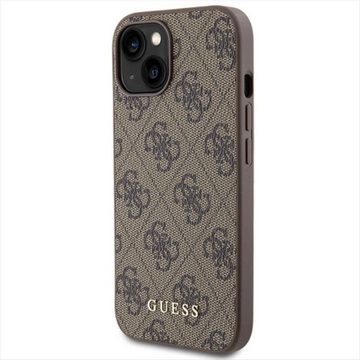 Guess Smartphone-Hülle Guess Apple iPhone 15 Schutzhülle Case Hülle 4G Metal Gold Logo Braun