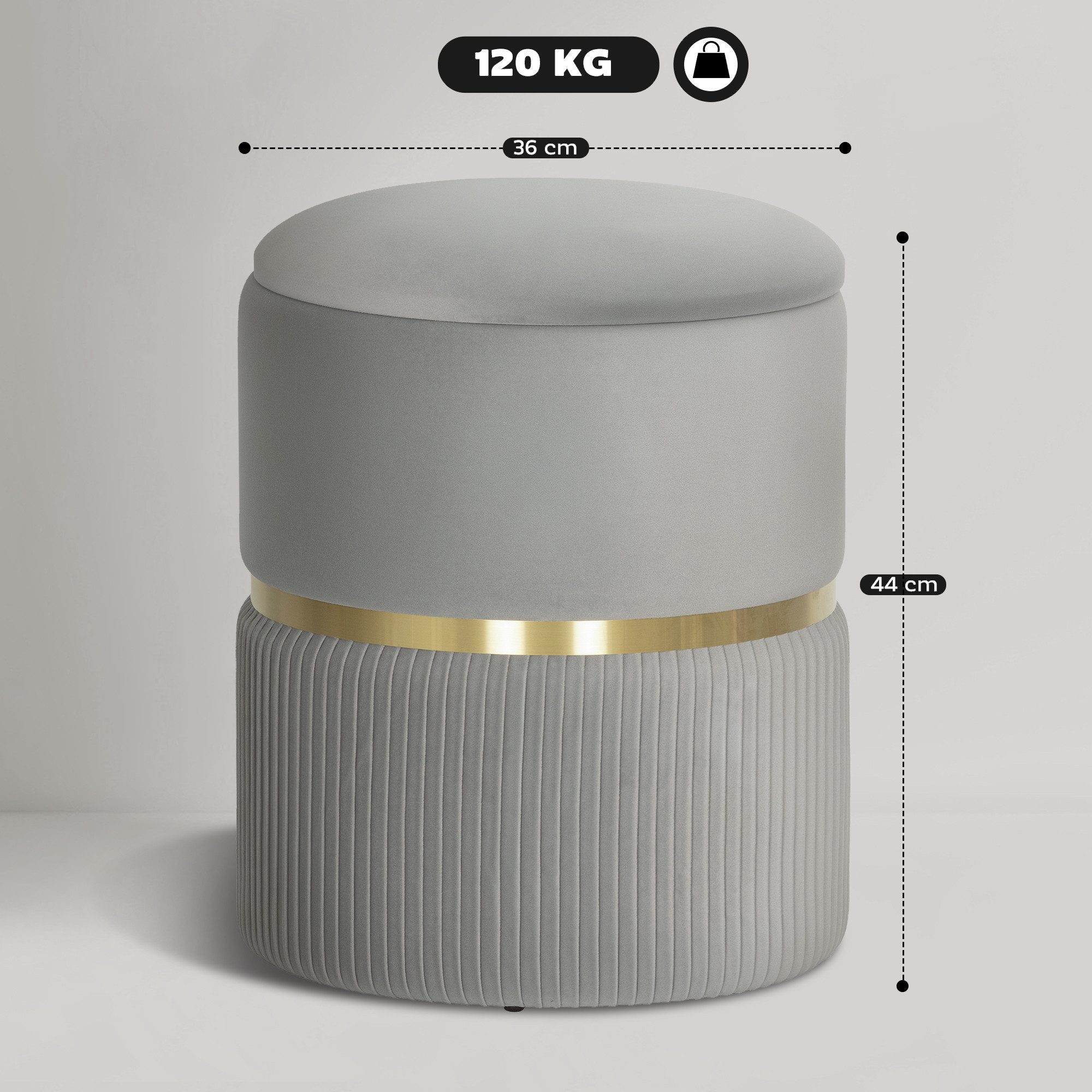 HOMCOM Sitzhocker Polsterhocker mit Samtoptik (Runder Hocker, 1 St., Polsterhocker), für Wohnzimmer, Schlafzimmer, Hellgrau