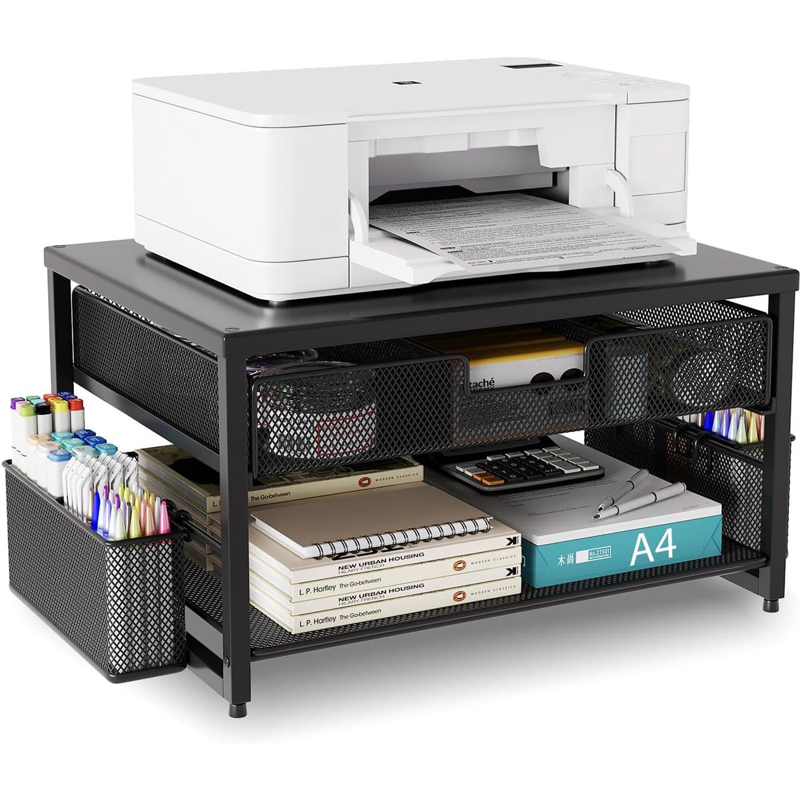 SURFOU Druckertisch Drucker- & Monitorständer Metall mit Schublade, für PC/Laptop, Schreibtisch-Organizer mit 2 Stifthaltern, bis 20 kg belastbar