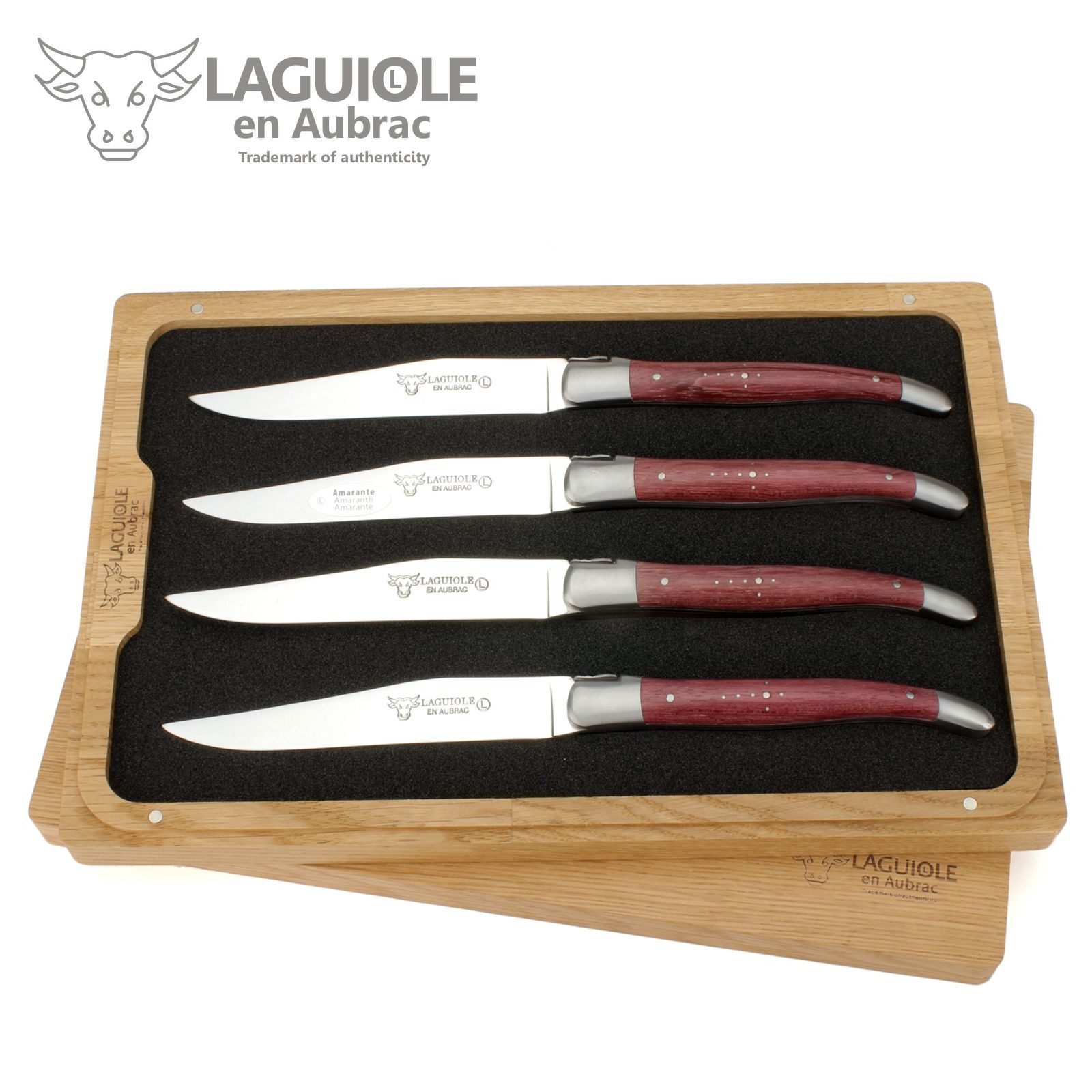 Laguiole en Aubrac Steakmesser 42C99ATIH 4er Set - Griff Amaranth - Backen matt - Klinge glänzend - Holzbox