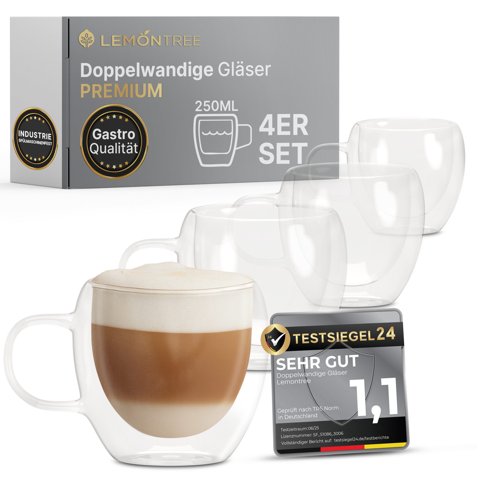 Lemontree Thermotasse 4er Set Cappuccino Tassen - Latte Macchiato Gläser doppelwandig, 180 Grad spülmaschinenfest und hitzebeständig - Gastronomie Qualität