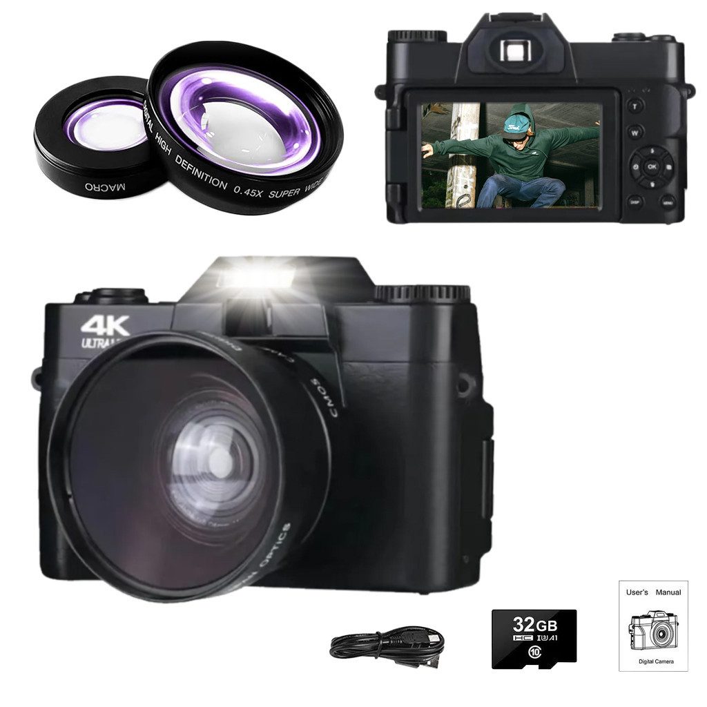 Fine Life Pro Digitalkamera 4K, Fotokamera mit 180° Flip 3.0" Bildschirm Kompaktkamera (48 MP, Kompaktkamera mit 64GB TF-Karte, WiFi-Funktionalität)