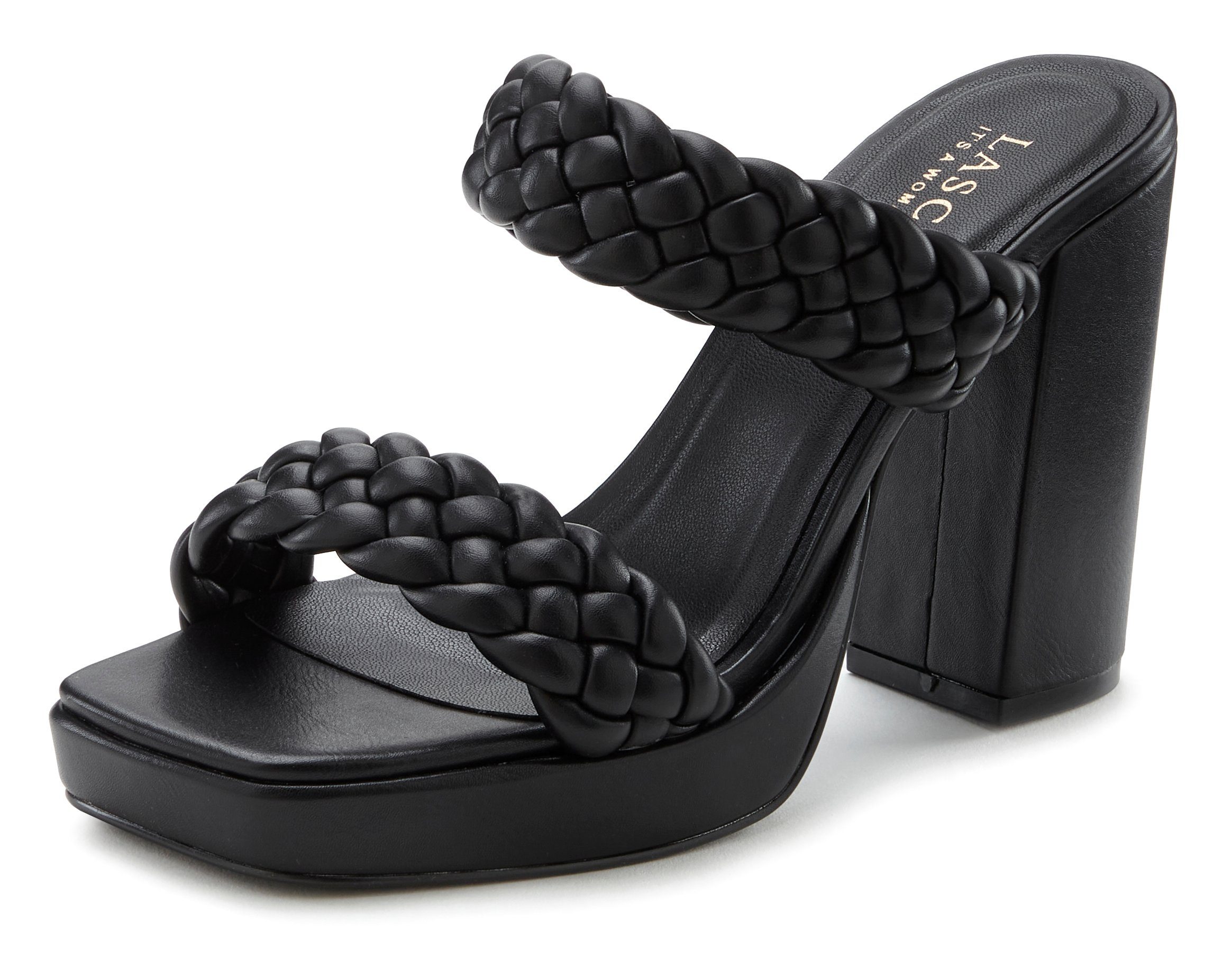 schwarz raffinierte Riemchen LASCANA Flecht-Design im Sandale, offener Pantolette Schuh, Mule,