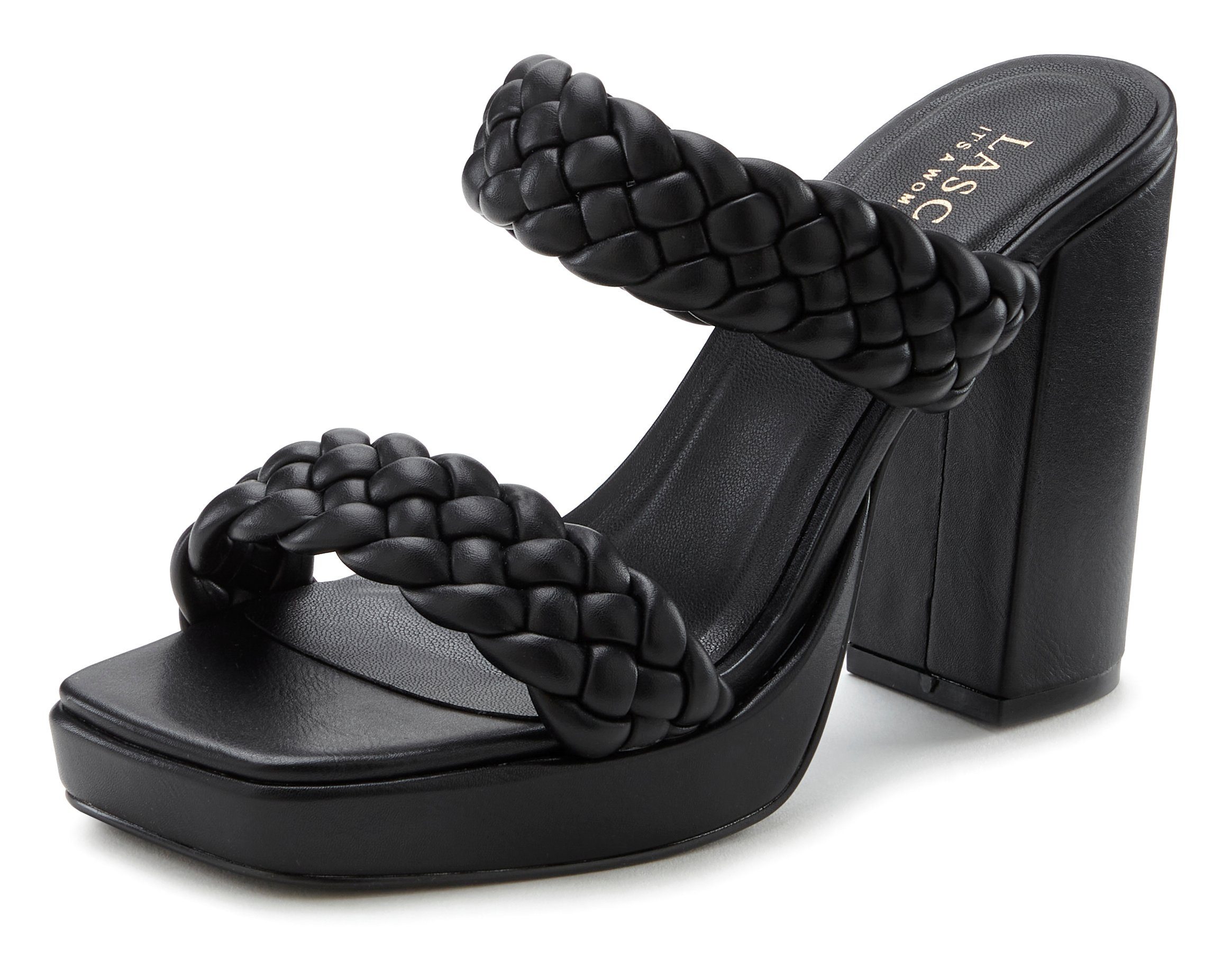 LASCANA Pantolette Mule, Schuh, raffinierte Flecht-Design im Riemchen offener schwarz Sandale