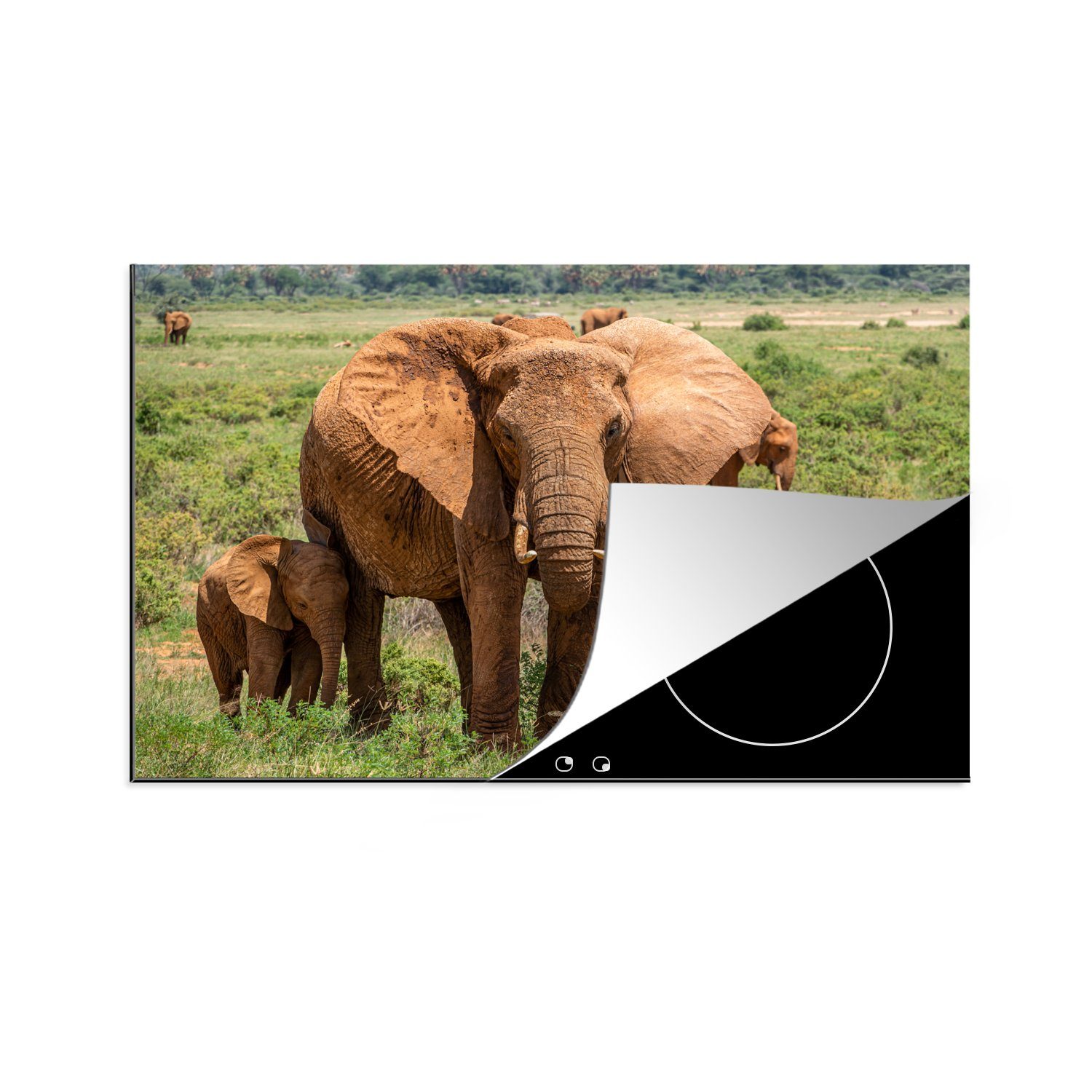 MuchoWow Herdblende-/Abdeckplatte Elefantenmutter mit ihrem Baby im Gras, Vinyl, (1 tlg), 81x52 cm, Induktionskochfeld Schutz für die küche, Ceranfeldabdeckung