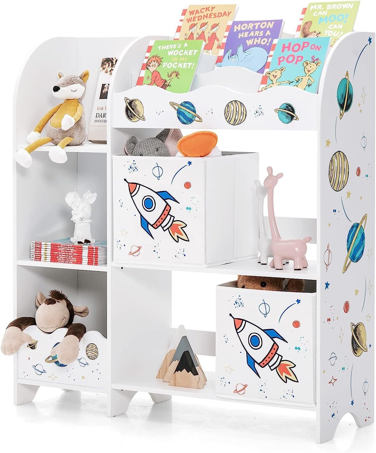 KOMFOTTEU Bücherregal Spielzeug-Organizer, Kinderzimmerschrank Planetenrakete
