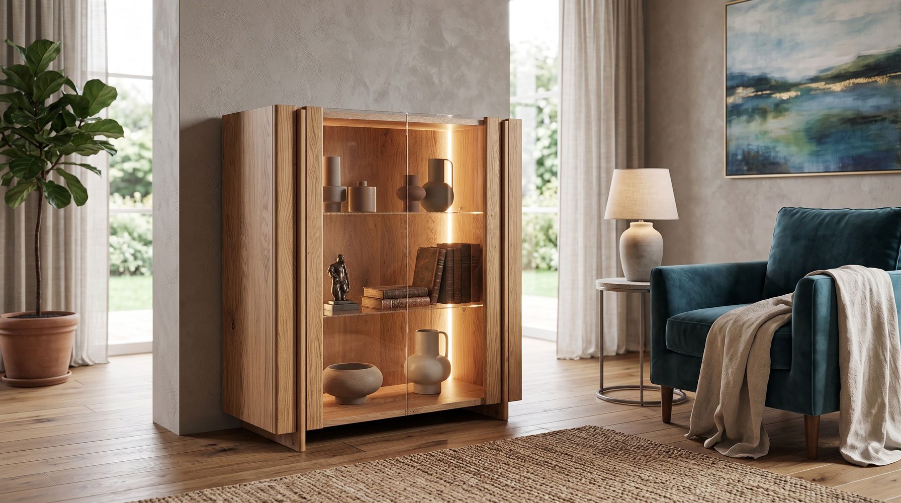 Feldmann-Wohnen Vitrine Travertino (mit Türen, mit Glaseinsatz, mit Beleuchtung, 1-St., moderne Optik, mit Türen, mit Glaseinsatz, mit Beleuchtung) 100x46x106cm Wildeiche Natur