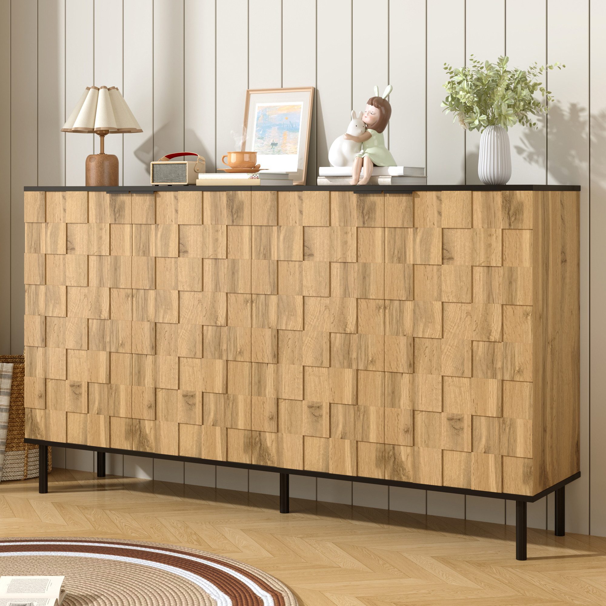 Odikalo Sideboard Lowboard Eckschrank mit Stauraum & Metallbeinen (Mosaik-Sideboard 2-türiger Schrank Holzoptik Aufbewahrungsschrank Spanplatte Metallfüße für Wohnzimmer & Flur)