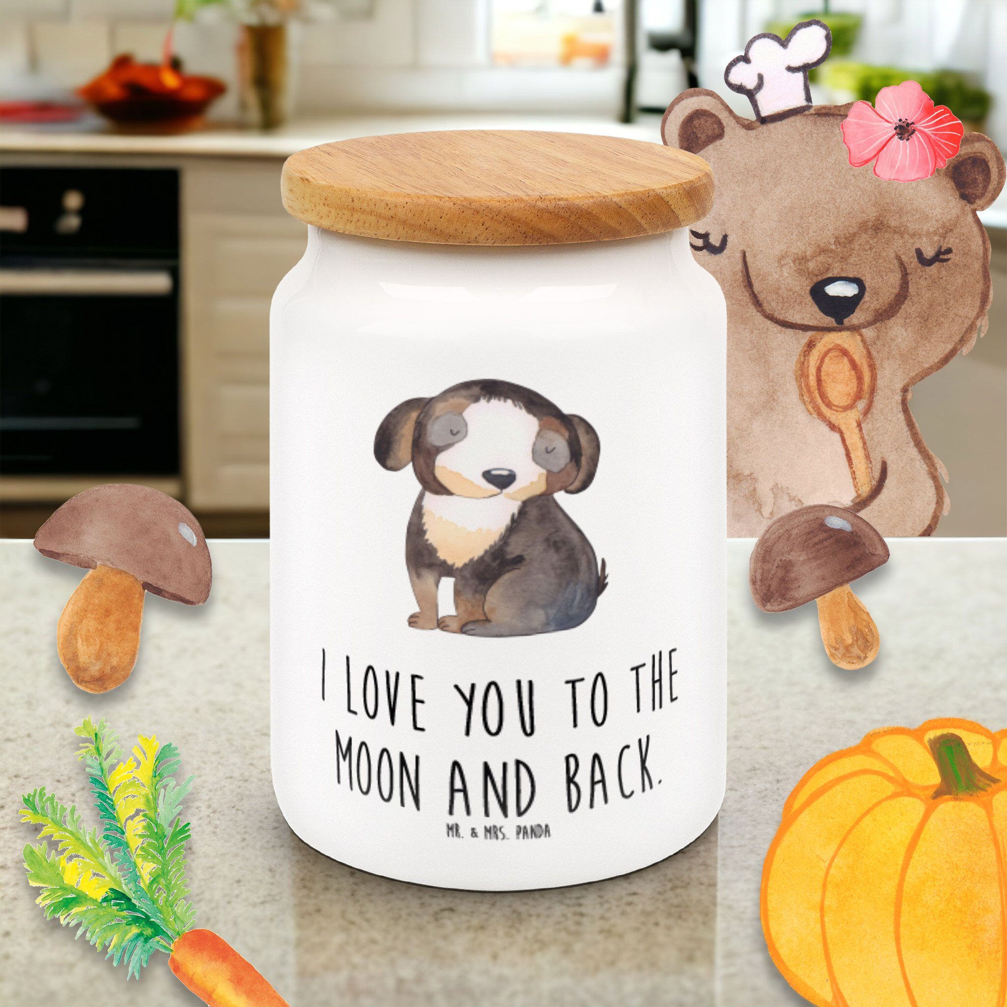 Geschenk, (1-tlg) - Vorratsdose schwar, Hund entspannt - Weiß Hundeglück, & Mr. Keramik, Panda Mrs. Vorratsbehälter,
