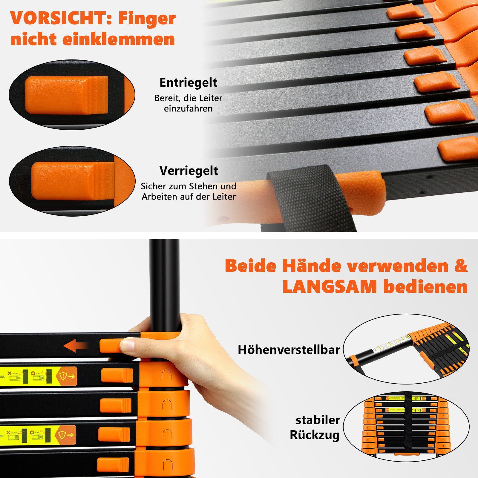 SunJas Teleskopleiter 4.7m/5M Ausziehleiter Anlegeleiter Multifunktionsleiter bis 150kg (mit abnehmbaren Haken, Außen‑Arbeitsleiter,höhenverstellbare Leiter,sch – Bild 2 von 5
