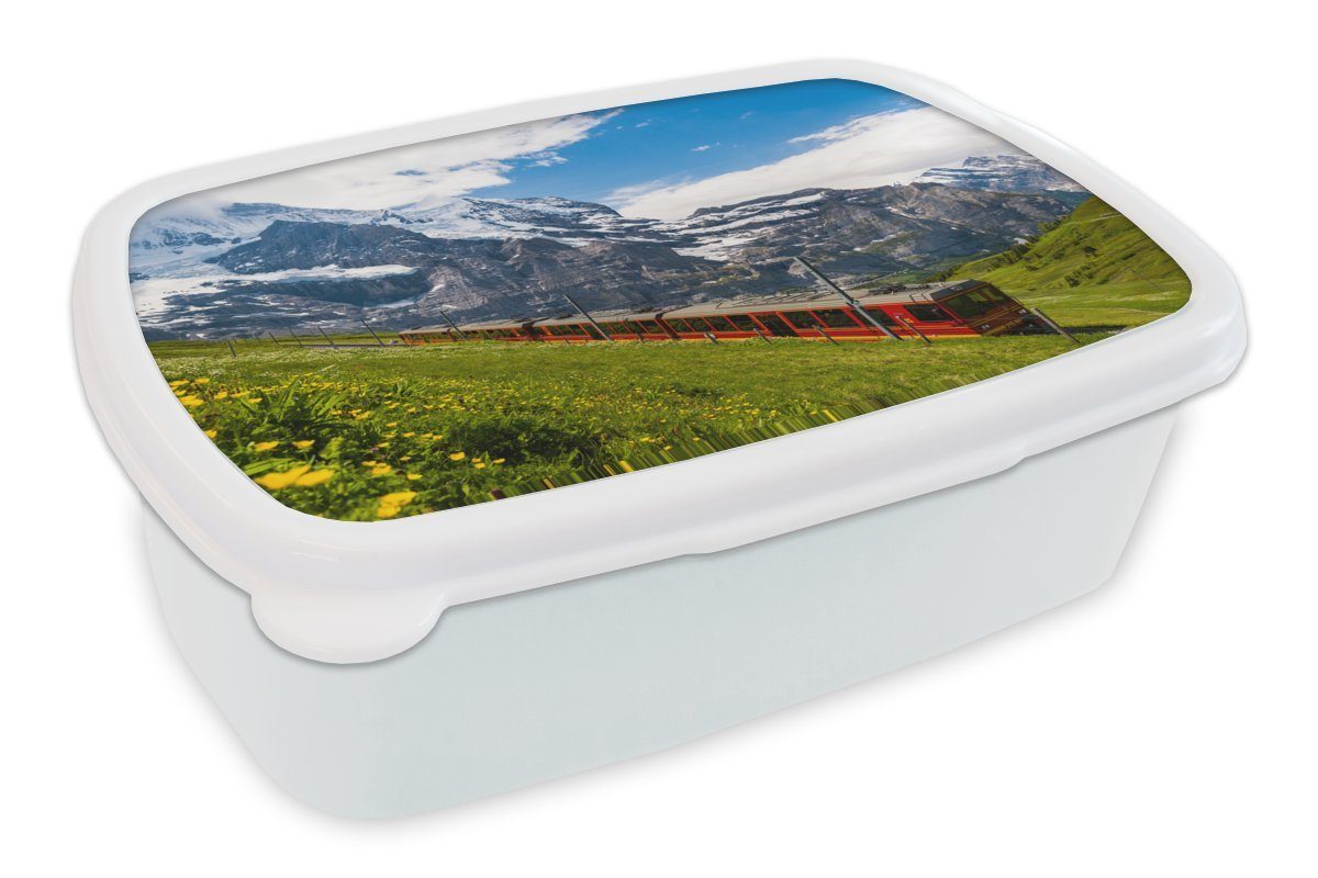 MuchoWow Lunchbox Ein roter Zug in den Alpen, Kunststoff, (2-tlg), Brotbox für Kinder und Erwachsene, Brotdose, für Jungs und Mädchen weiß