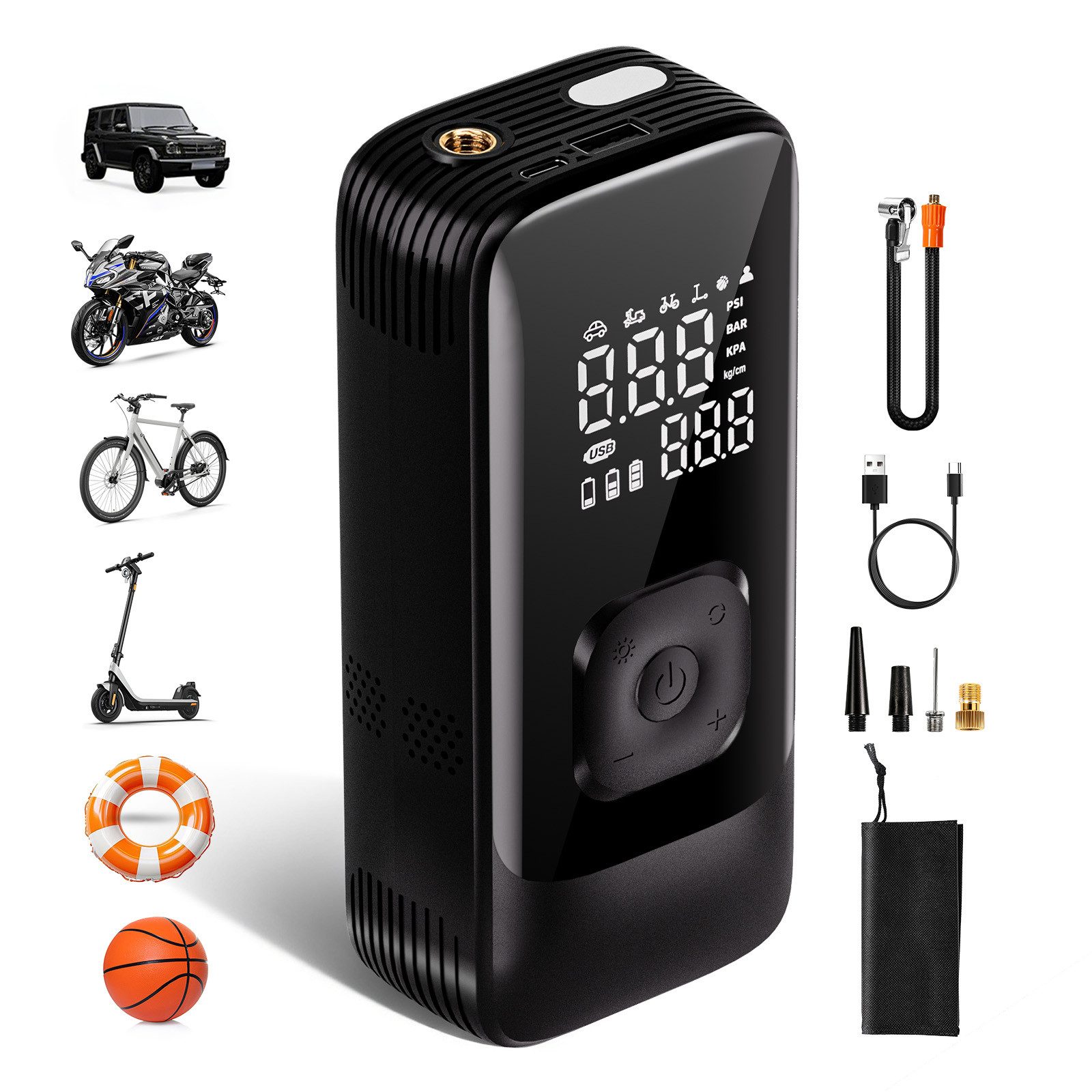 skelo Akku-Luftpumpe Elektrische Luftpumpe, elektrische Fahrradpumpe, 150 PSI, 4500 mAh (6-tlg., für Auto, Fahrrad, E-Bike, Motorrad und Bälle), Akku-Kompressor mit LED & LCD-Reifendrucküberwachung