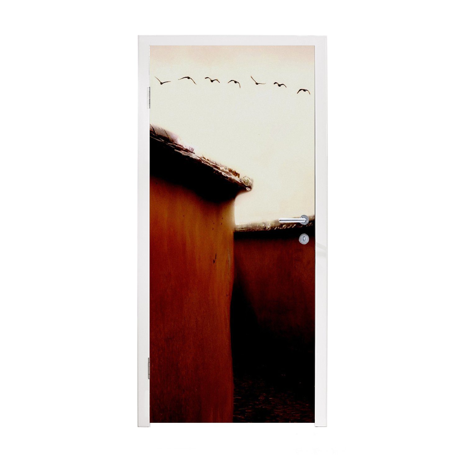 MuchoWow Türtapete Tiere Tür, (1 Matt, St), 75x205 Fototapete bedruckt, Türaufkleber, - für cm - Vögel Häuser - Rot