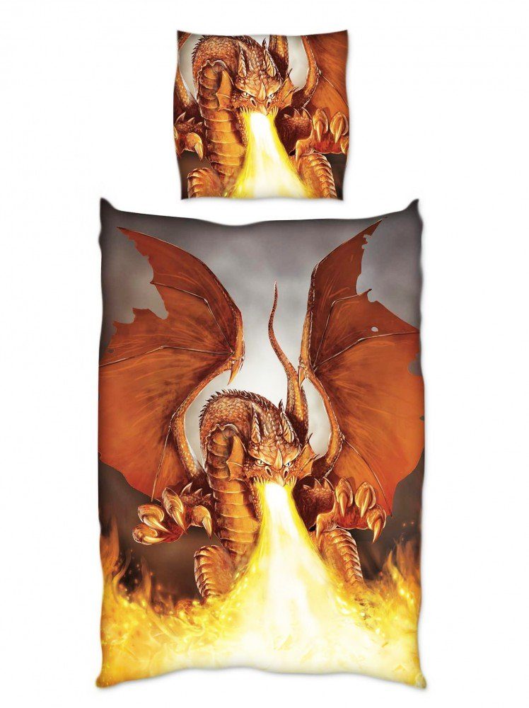 Bettwäsche JACK Renforce Bettwäsche 135x200cm Feuer Drache Grau Terra Fire Dragon, JACK, Renforcé, 2 teilig, hochwertiger Fotodruck, 2 tlg., Reißverschluss, Feuerdrache