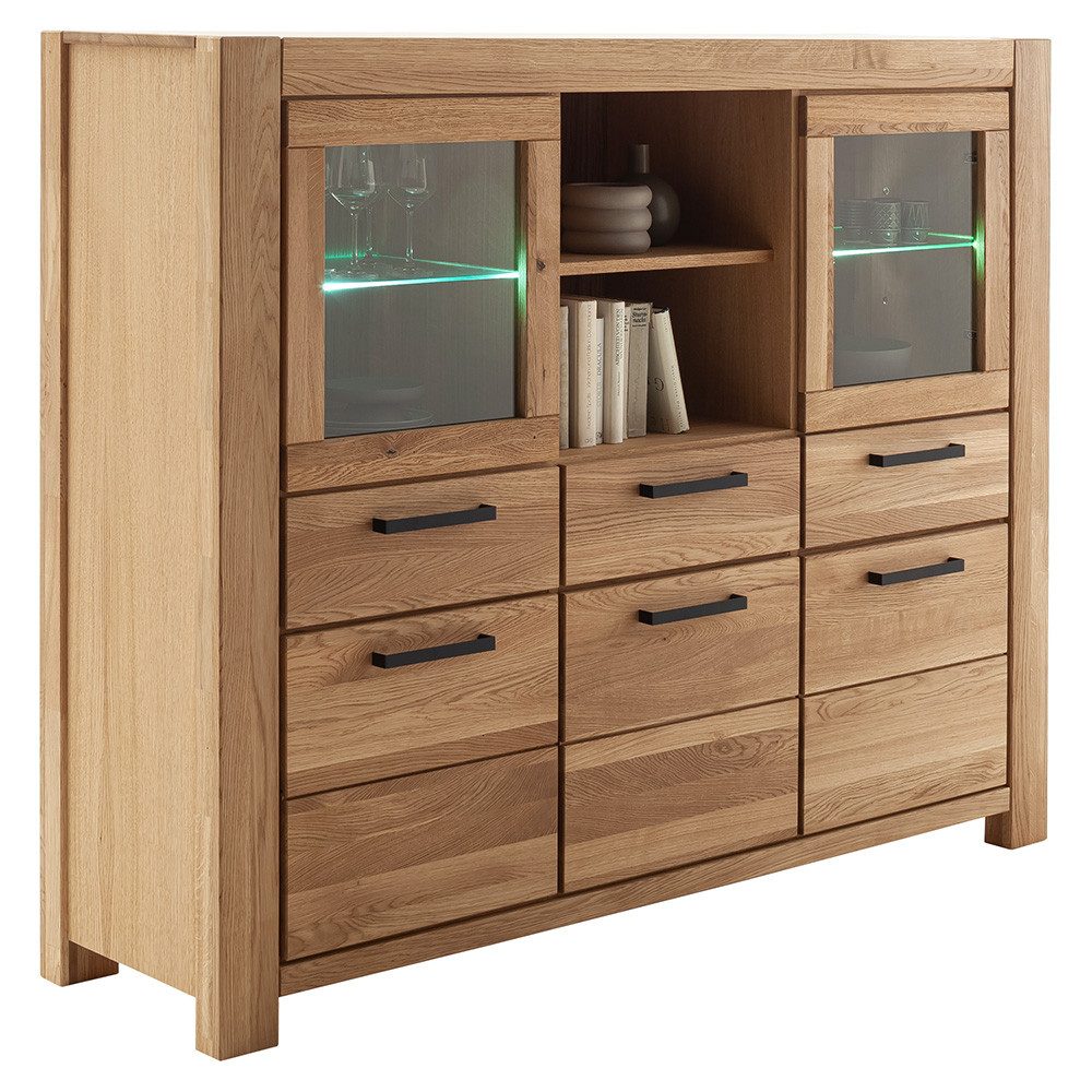 Lomadox Highboard SELISTE-06, Massivholzmöbel, Eiche teilmassiv geölt, 172cm breit, LED-Beleuchtung