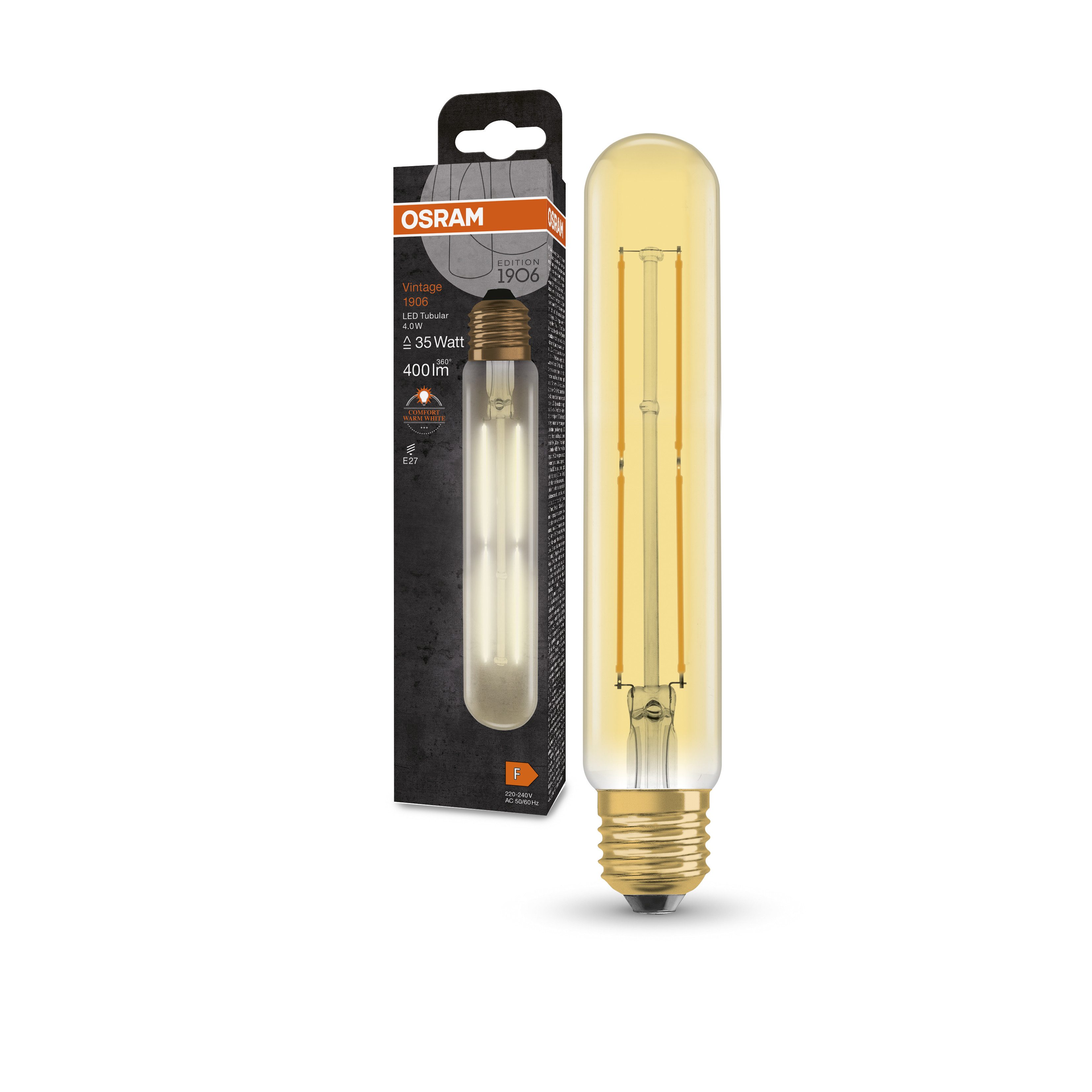 Ledvance LED-Leuchtmittel Vintage 1906 Tubular 35 Filament 4W 820 Gold E27, E27, 1 St., Warm Comfort Light, Geringerer Energieverbrauch als Glüh- oder Halogenlampen