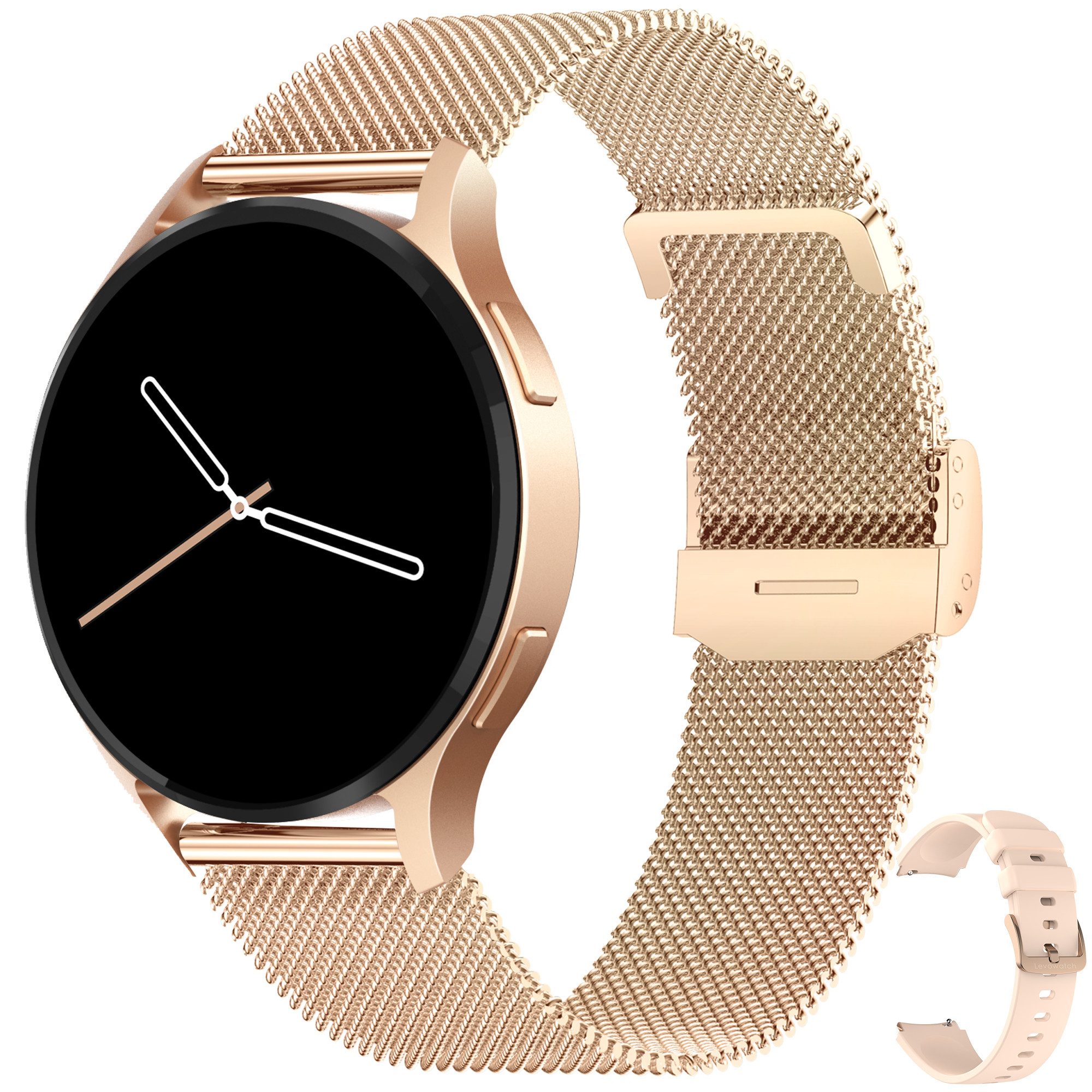 Levowatch EDGY Damen Smartwatch, AMOLED Always-On, KI Steuerung, Fitness Tracker Smartwatch (3,8 cm/1,43 Zoll, Android und iOS) inkl. Wechselarmband, 3 Armbänder, goldfarben, Edelstahlgehäuse, Telefonfunktion, Sprachsteuerung, Puls, Schlafüberwachung, was
