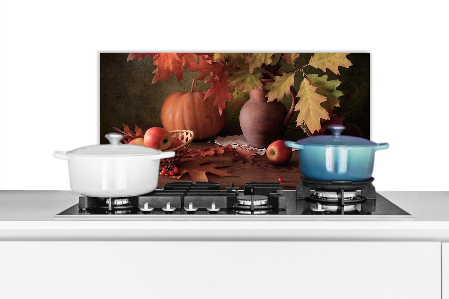 Herbst, (1-tlg), - cm, Blätter Küchen Apfel 60x30 und - MuchoWow für Kürbis gegen Stilleben Schmutzflecken Wandschutz, - - Fett Küchenrückwand - Kirsche