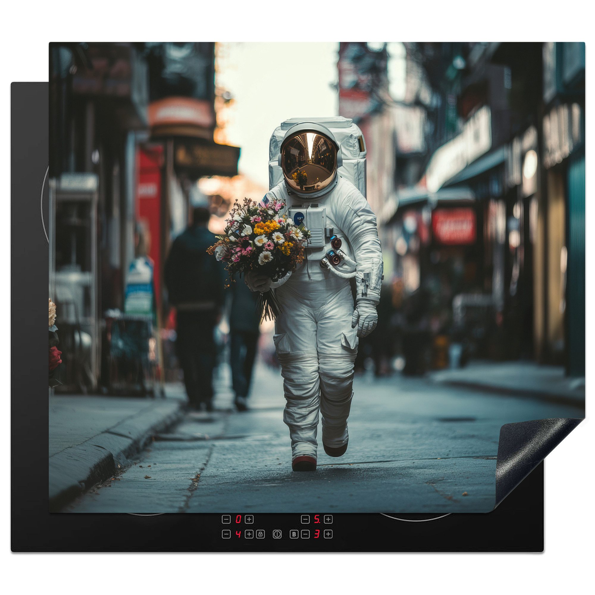 MuchoWow Herd-Abdeckplatte Blumenstrauß - Blumen - Bunt - Astronaut, Vinyl, (1 tlg), Abdeckplatte für Ceranfeld, Herd Inductionsmatte, 60x50 cm