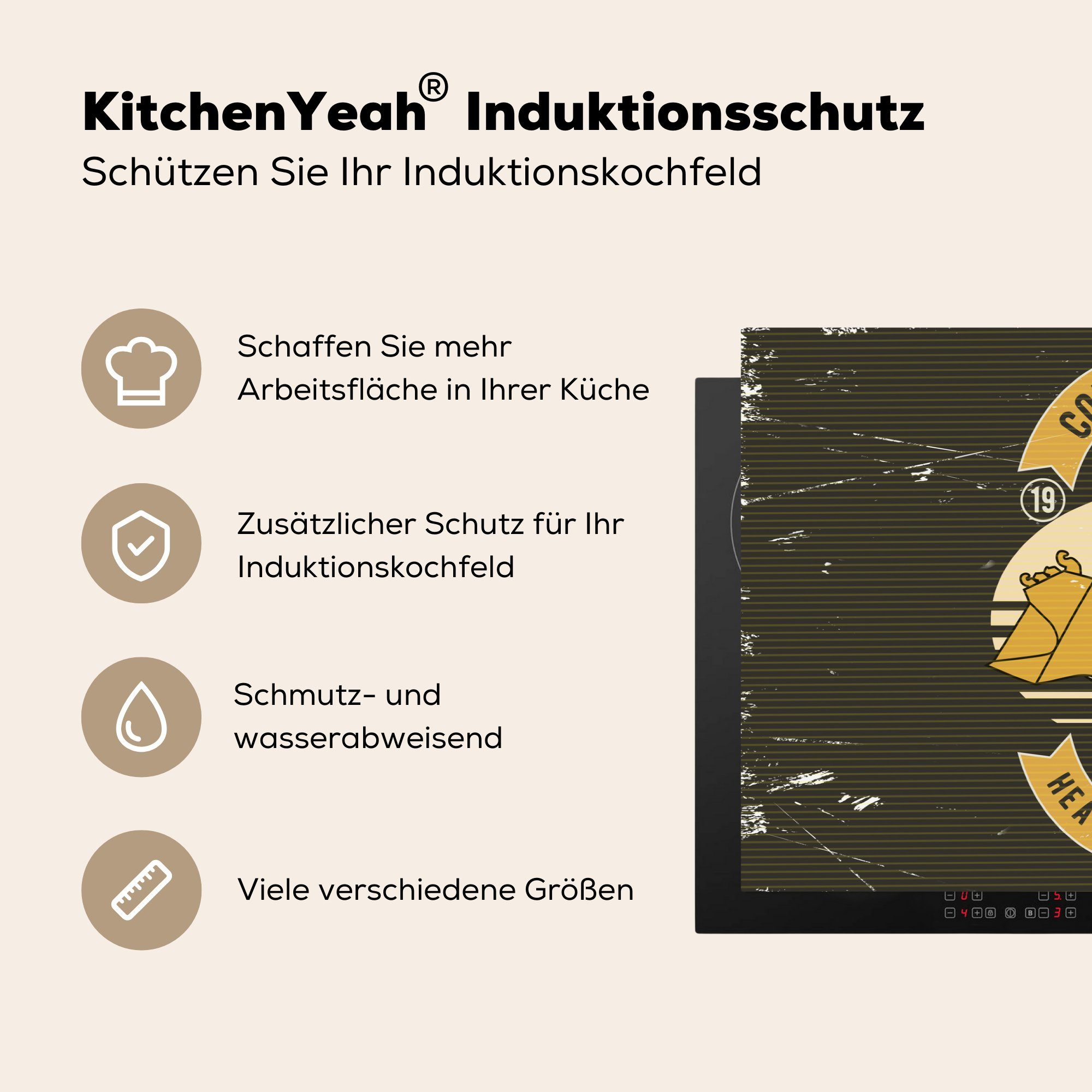 Schutz - tlg), Induktionskochfeld - 81x52 cm, für Vinyl, - (1 Gelb Ceranfeldabdeckung Zeichnung küche, die MuchoWow Retro, Herdblende-/Abdeckplatte Bulldozer