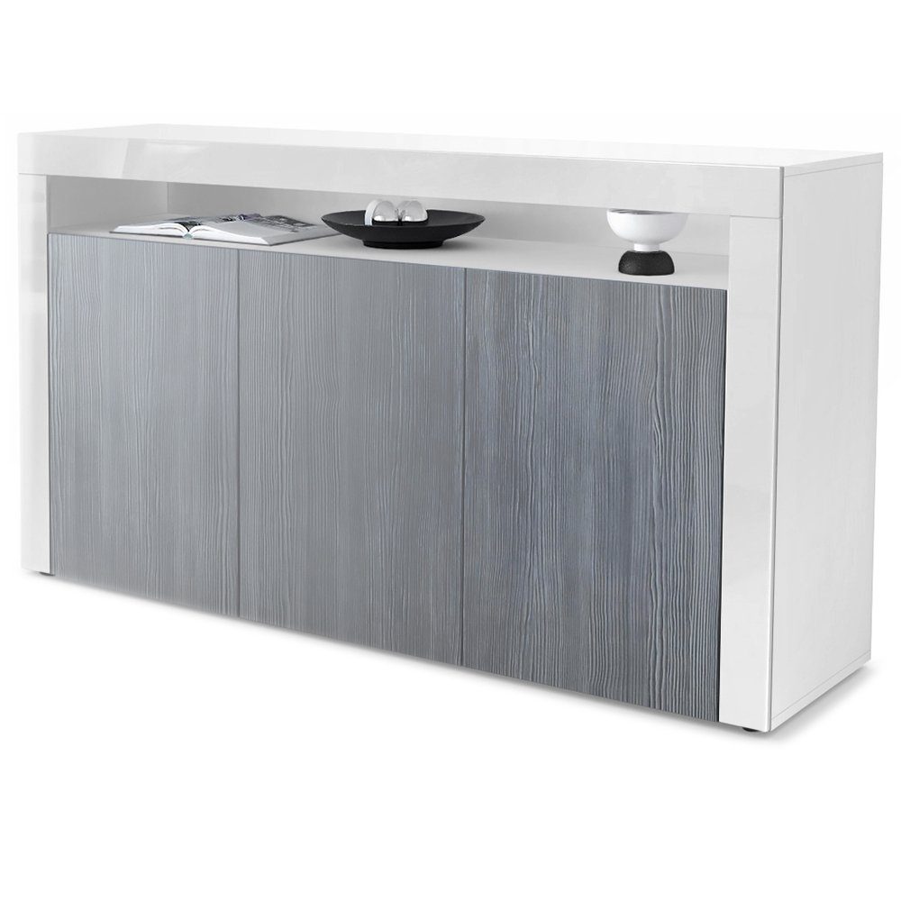 Vladon Sideboard Valencia (Schrank, mit 3 Türen und 1 offenem Fach), Weiß / Avola-Anthrazit/ (155 x 92 x 40 cm)