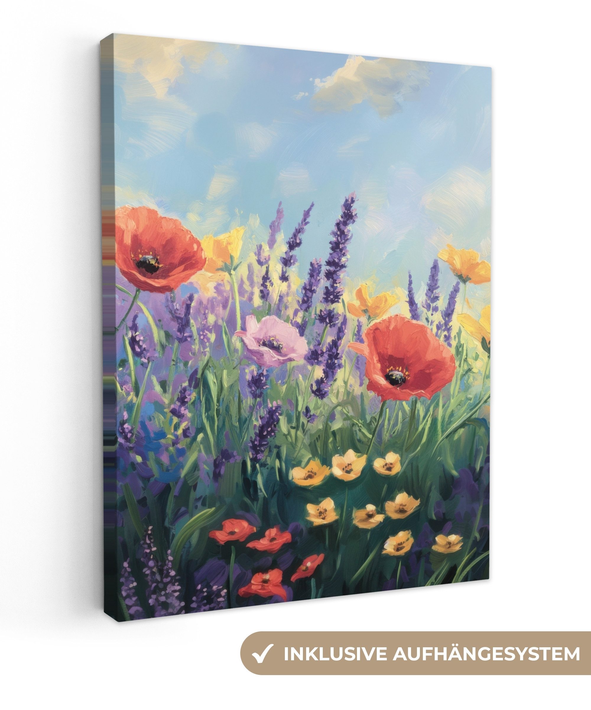OneMillionCanvasses® Leinwandbild Wiese - Blumen - Farbenfroh, Fotodruck (1 St), Leinwand Bilder für Wohnzimmer Schlafzimmer 50x70 cm