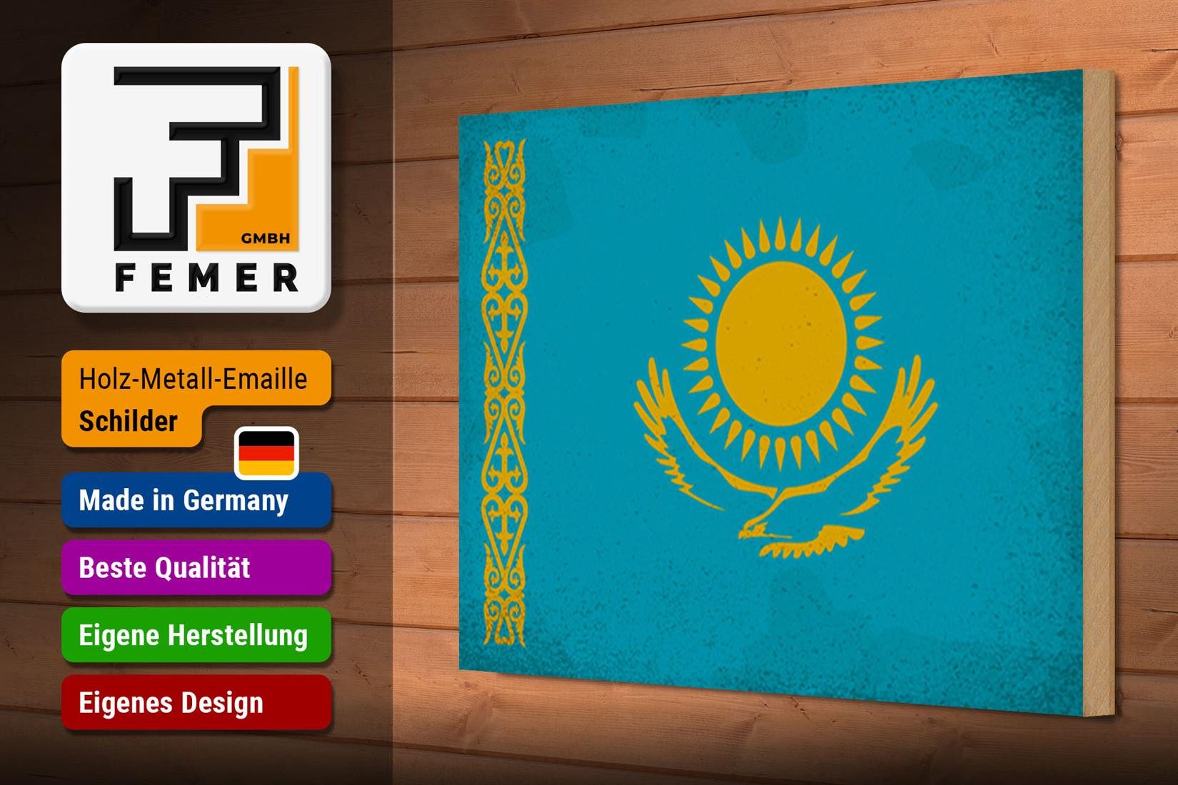 Femer GmbH Holzbild Flagge Kasachstan 30x20cm Kazakhstan Vintage, Flaggen (1 St), Glatte Holzfaserplatte (MDF), vorn beschichtet
