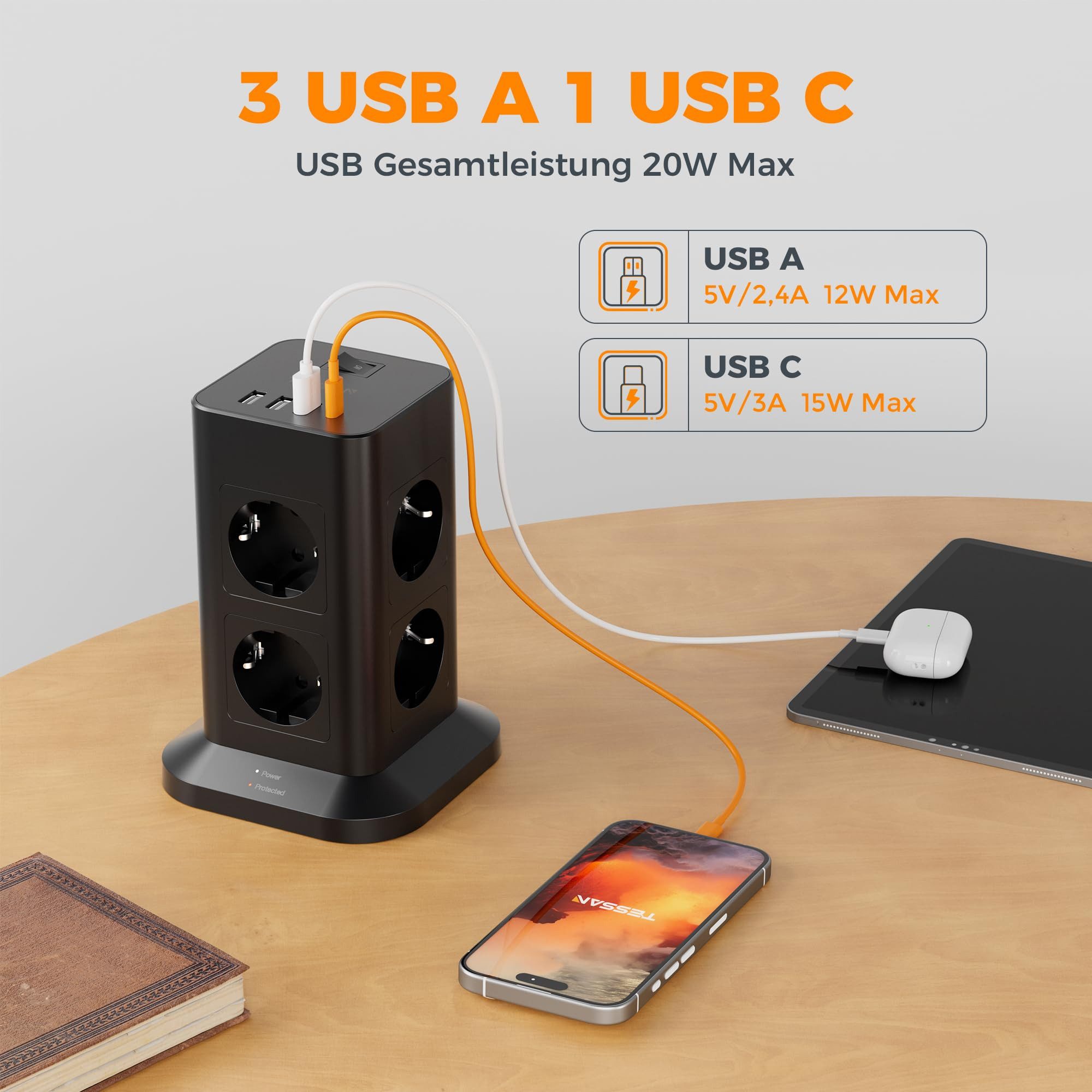 TESSAN 8 Fach Mehrfachsteckdose 4 USB Steckdosenleiste Kabel 2m Mehrfachsteckdose (USB-Anschlüsse, Ein- / Ausschalter, Schutzkontaktkupplung, Überspannungsschutz)