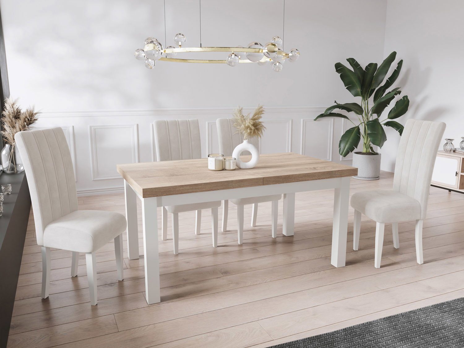 WFL GROUP Esstisch Avena ausziehbar rechteckig modern mit weißen Holzbeinen (MADE IN EU, 5 Gr. – 120/140/160/170/200 cm ausziehbar auf 160/180/210/250/300 cm), platzsparender Tisch in Holzoptik für Küche, Esszimmer oder Wohnzimmer