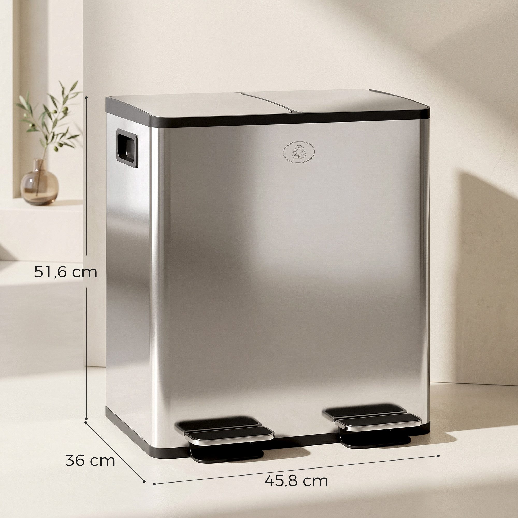 HOMCOM Mülltrennsystem Mülleimer 20L Abfalleimer aus Edelstahl mit Softclose Deckel, für Wohnung, Silber